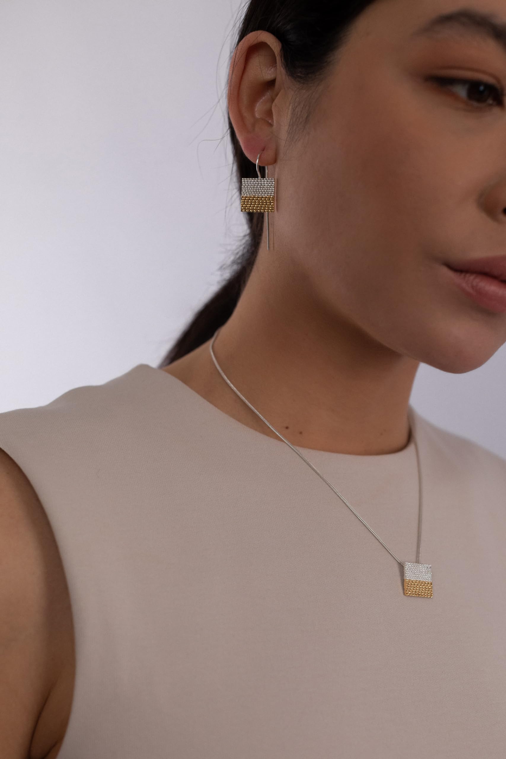Orecchini Pendenti Quadrati d'Argento 925, Orecchini Geometrici Bicolori con Placcatura Oro