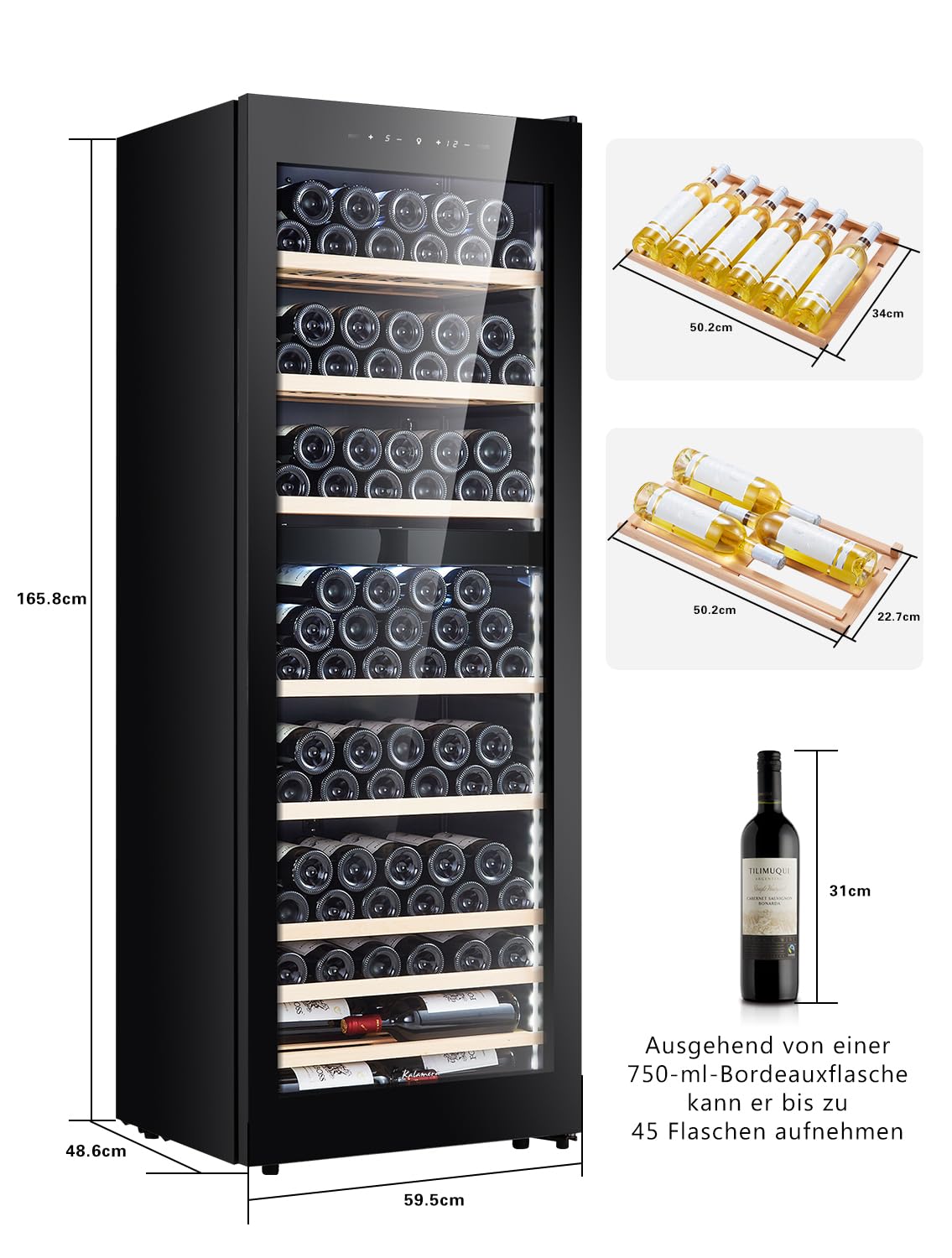 Kalamera Weinkühlschrank 84 Flaschen 266 Liter 2 Kühlzonen LED-Innenbeleuchtung KRC-266BFG