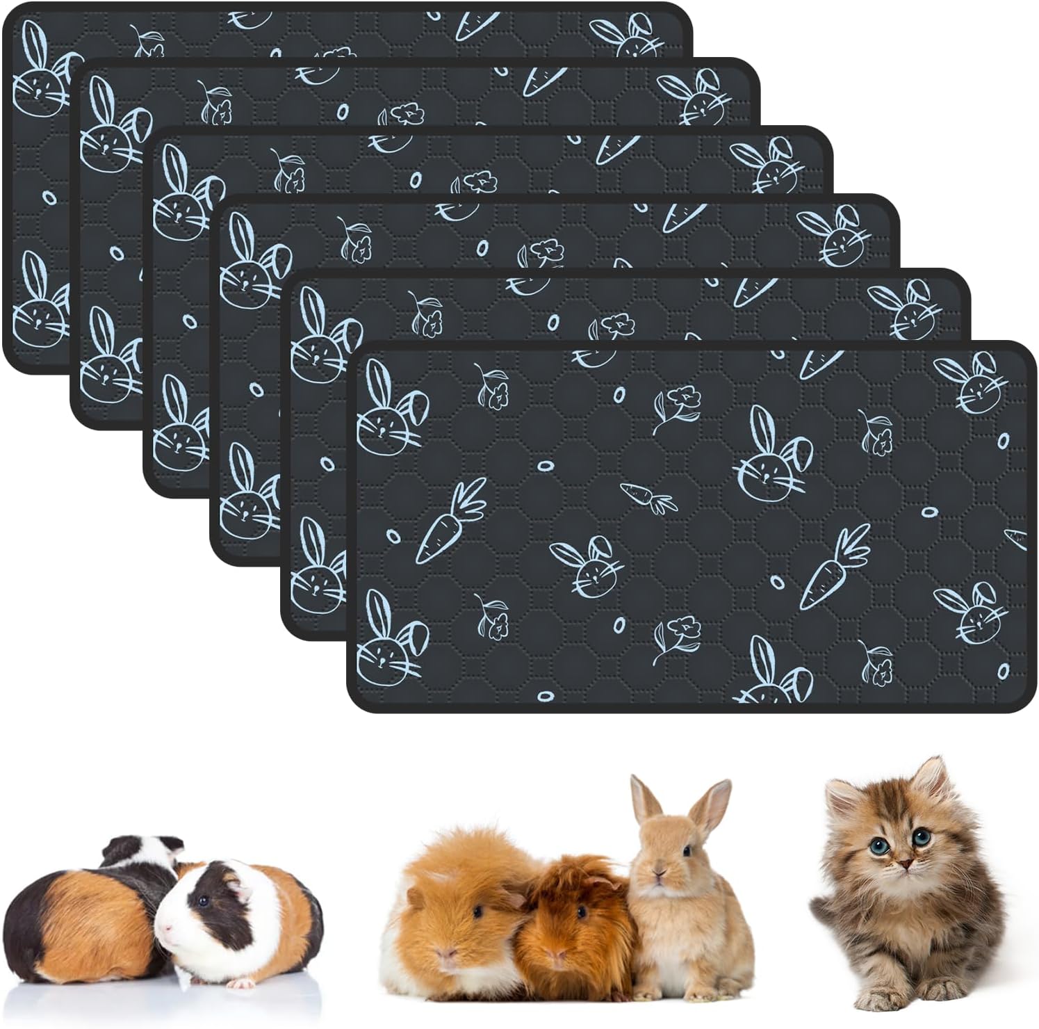 6-Pack Guinea Pig Cage Liner Washable, 16in x 30in Ultra-Absorbent Guinea Pig Bedding for Cage Non-Slip Leak-Proof Pee Pads for Dogs Rabbit Bunny Cat Litter Mat, Navy