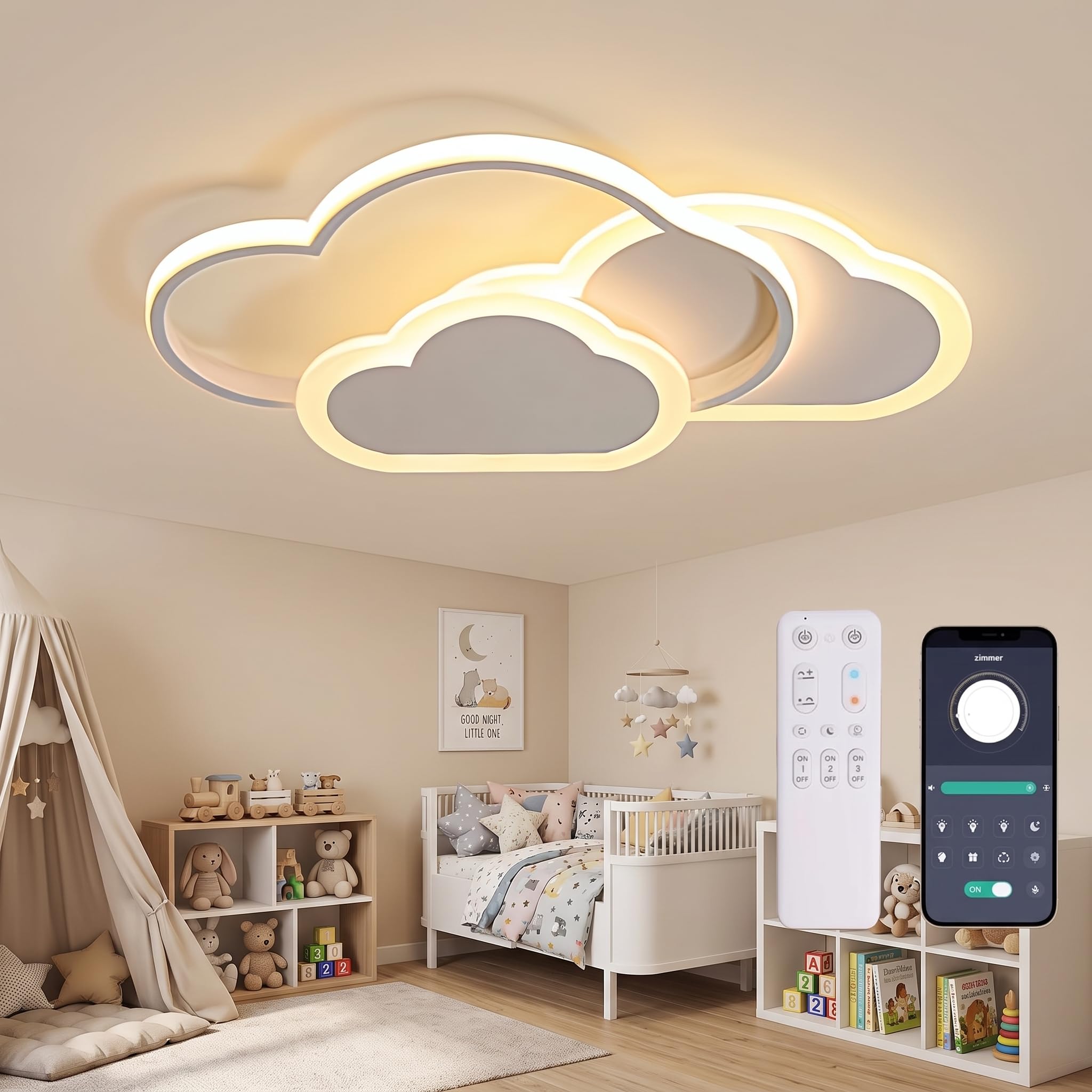Plafonnier LED pour enfants 48W, 62 CM Lámpara de techo LED Regulable con Control Remoto 3000-6000K, Plafón Led Techo Lámpara LED de Nubes Luces para Dormitorio de bebé