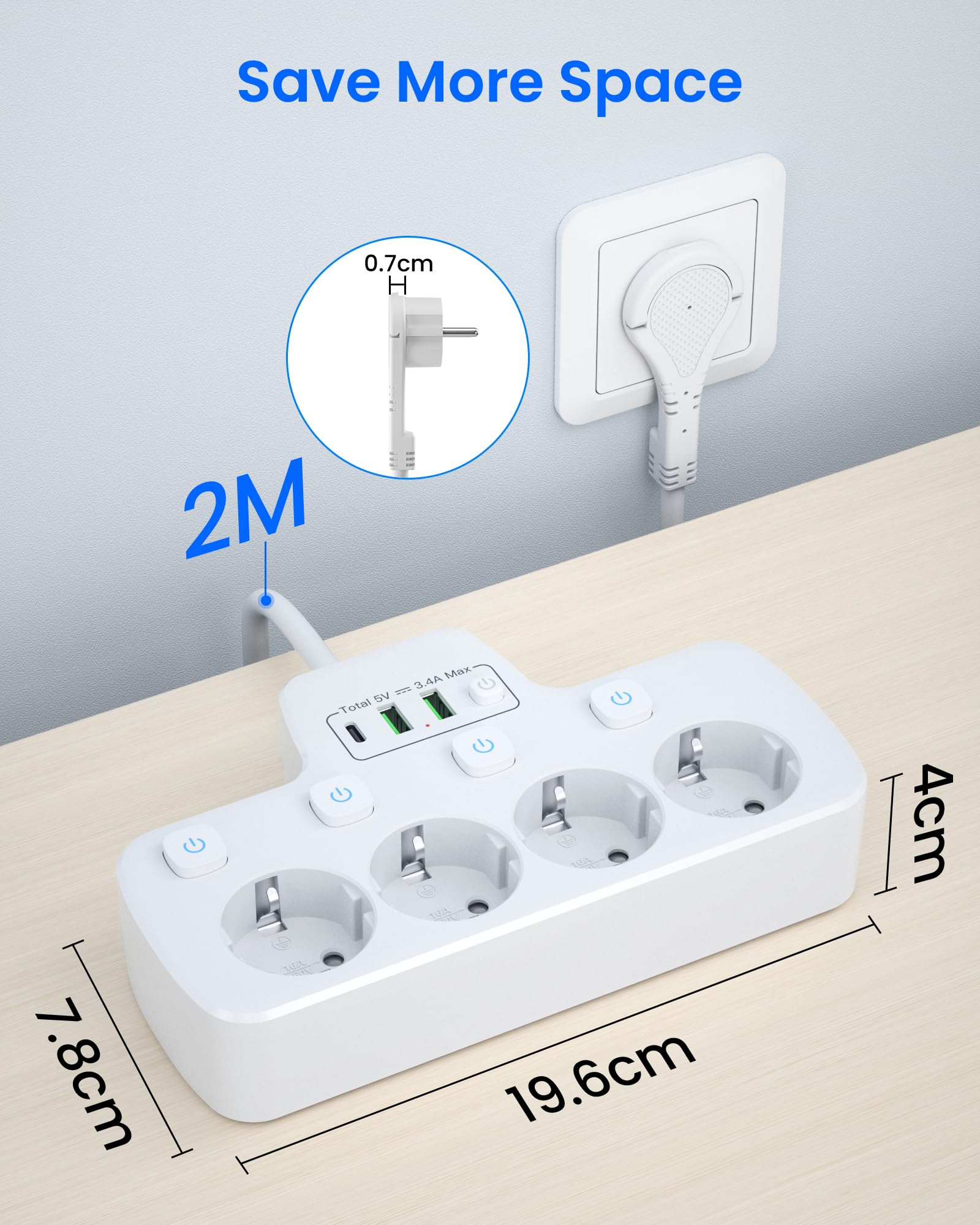 Regleta Enchufe Plano, Ladron Enchufes Plano con Interruptor Individual | Regleta Pared Extraplano con USB C, Adaptador 4 Tomas, Cable Alargador de 2 metros, Para Doméstico y Oficina, Blanco