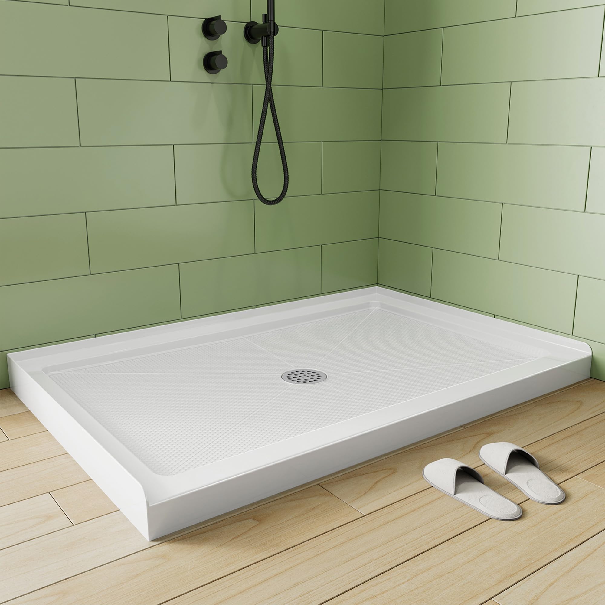 HOROW 48" x 32" Shower Base, Center Drain Shower Pan, Low Profile Acrylic Base with Reinforced Fiberglass, Non-Slip Surface, Stainless Steel Drain Cover, Leak-Resistant for Bathroom