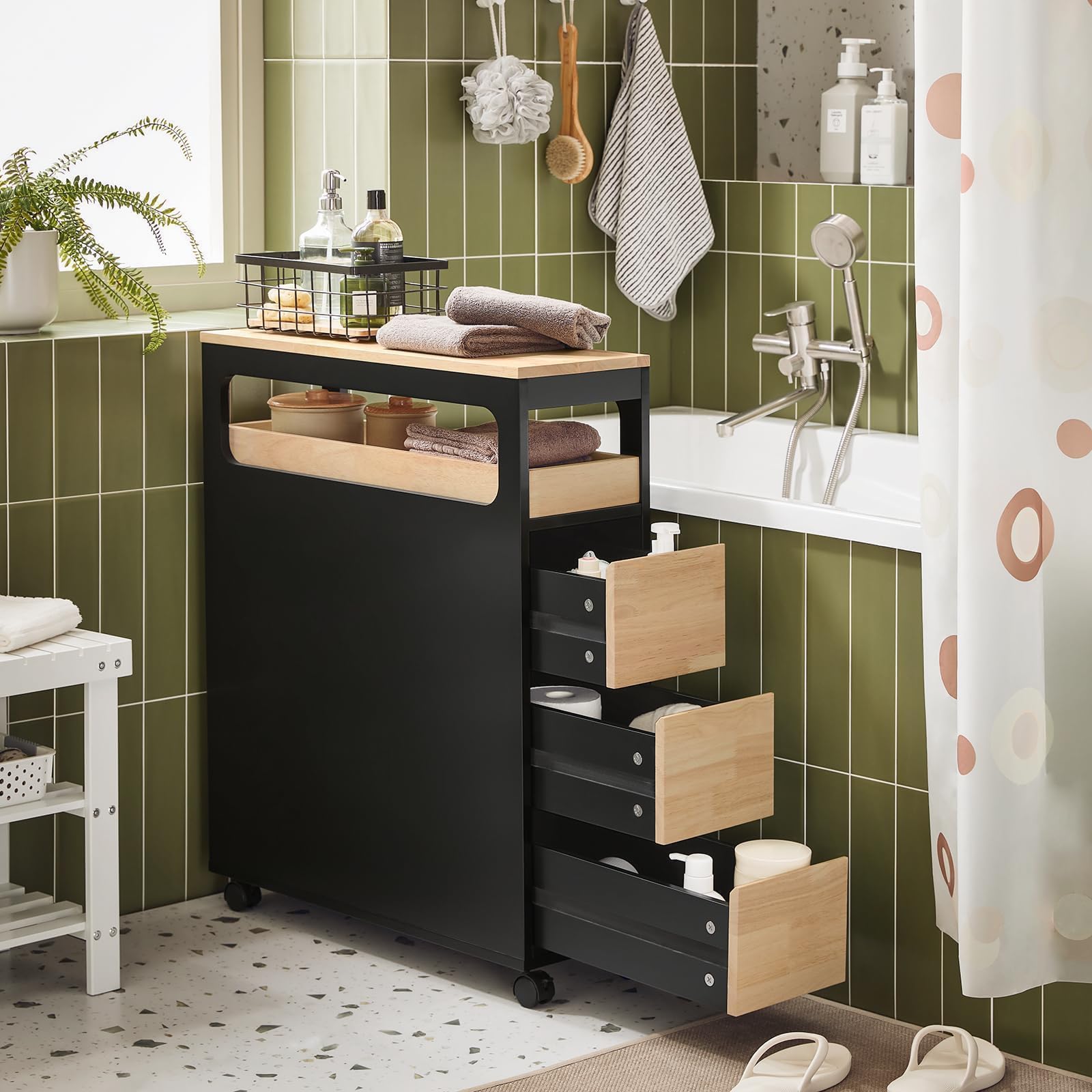 SoBuy Szafka łazienkowa na kółkach, wąska szafka łazienkowa z 3 szufladami – kompaktowa komoda z drewna, ruchoma szafka wnękowa do małych łazienek, WC i kuchni, czarna, 65 x 24 x 82 cm, BZR54-SCH
