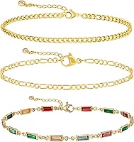 MIDEEO 14K Gold Plated Ankle Bracelets for Women - Waterproof 3-Piece Cuban Link, Heart Beads & Rhinestone Layered Anklets Set