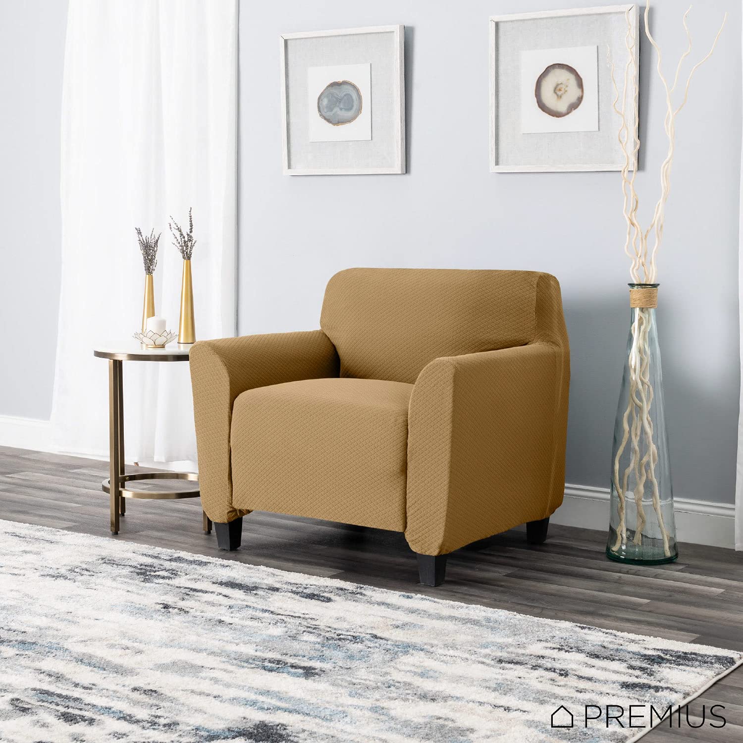 Premius Vivian Stretch Diamond Living Room Chair Cover, Stretchy Soft & Comfortable Feel Fabric, Protects and Transforms Furniture, Machine Washable, 96.5x23.6 Inches (Beige)