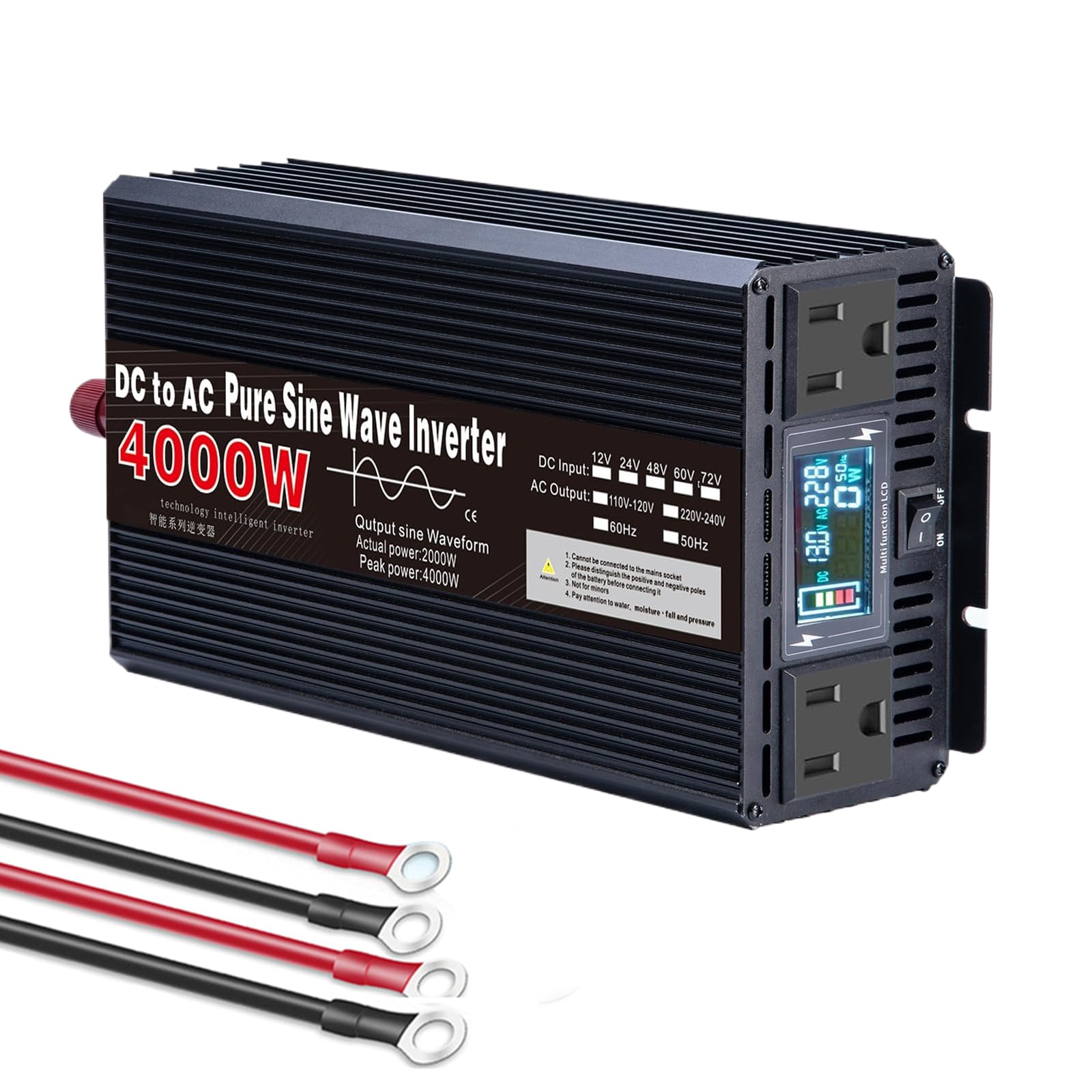 Falownik czystej fali sinusoidalnej, 4000W 12V/24V/48V/60V/72V DC na AC 110V/220V Konwerter mocy samochodowy solarny do kampingu/pojazdów kempingowych i systemów off-grid