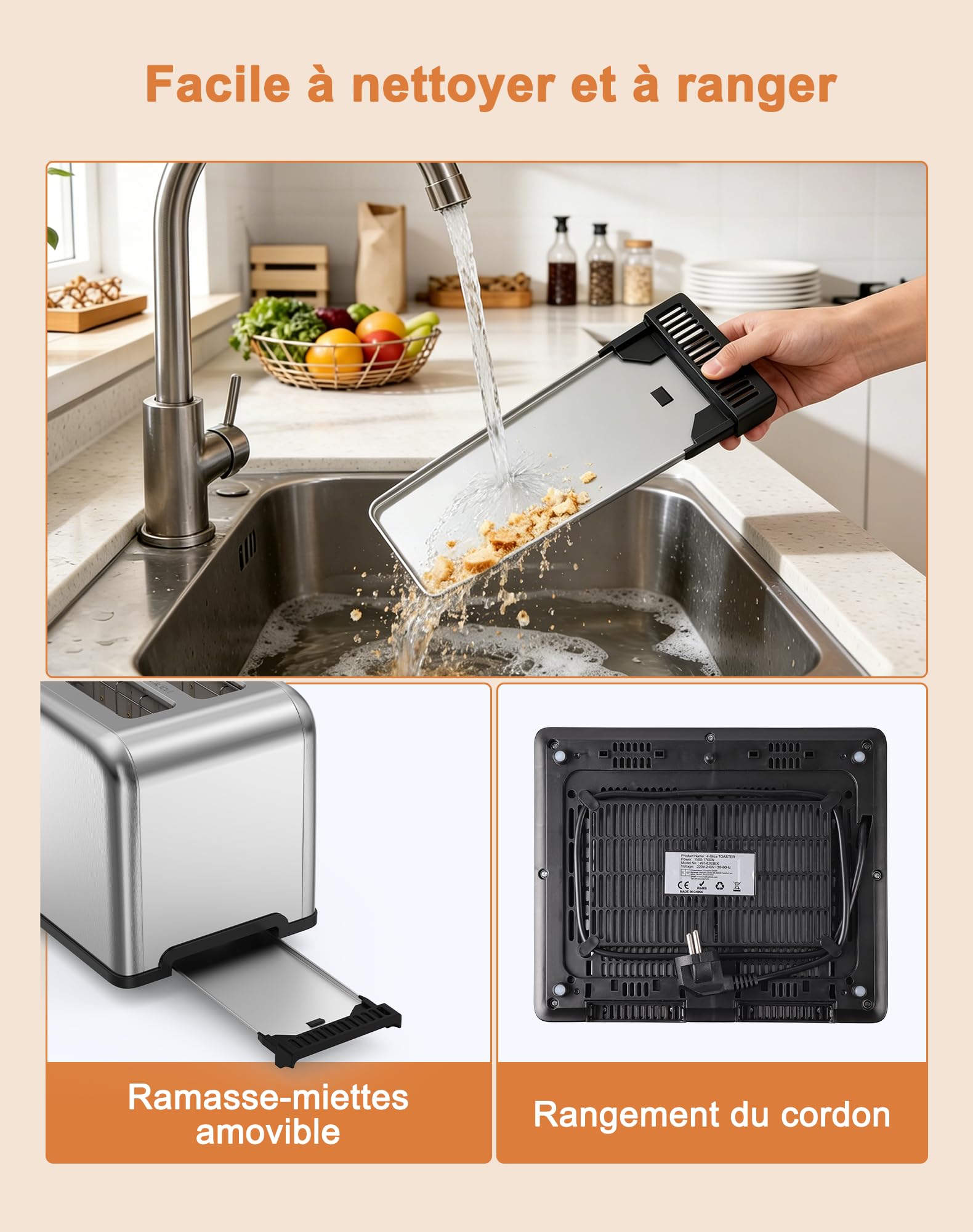 Grille pain 4 Fentes avec Tactile Contrôle Dual Indépendant, Toaster Fonction Décongeler/Réchauffer/Annuler/Mémoire/Décompte du temps restant, 8 Niveaux de Brunissemen, Tiroir ramasse-miettes amovible