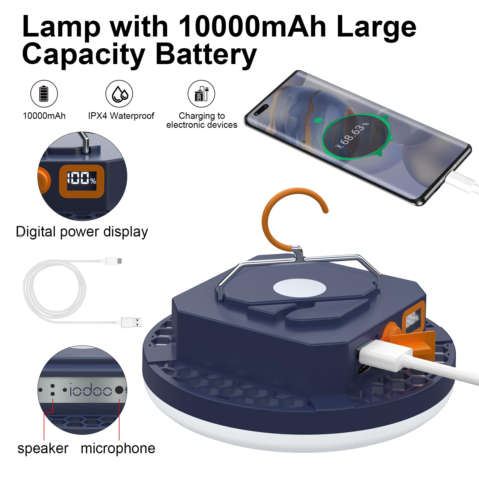 Lampada Campeggio Ricaricabile con Controllo Vocale, 10000mAh, 3000lm, 4 Modalità di Illuminazione, Illuminazione Esterna Controllabile Dalla Voce, Lanterna da Campeggio Impermeabili IPX4