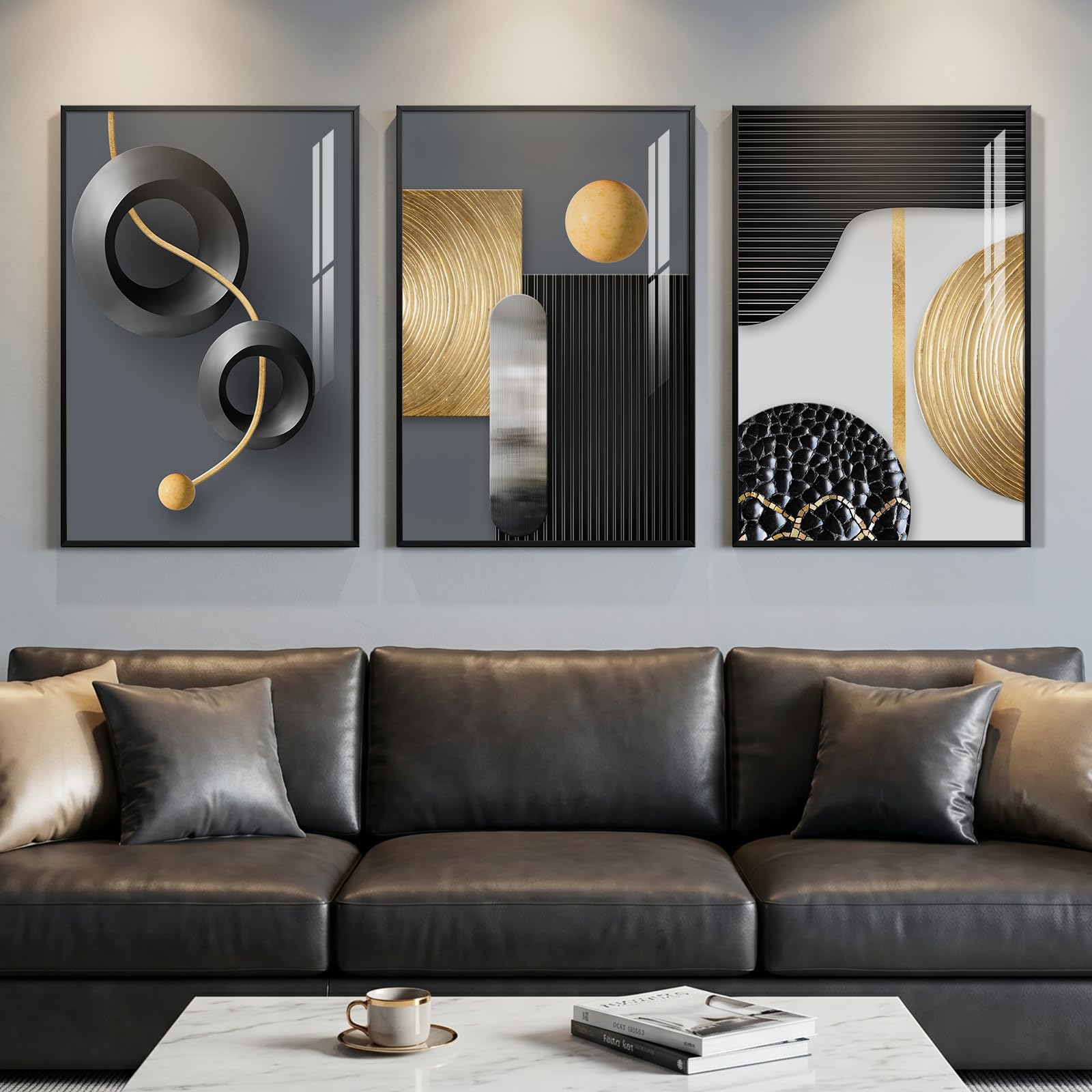 Framed Modern Elegant Wall Art for Living Room, 3 Piece Contemporary Luxury Prints Paintings, Black and Gold Abstract Geometric Pictures for Bedroom Dining Room Hallway Entryway Home Office Wall Decor — image 1