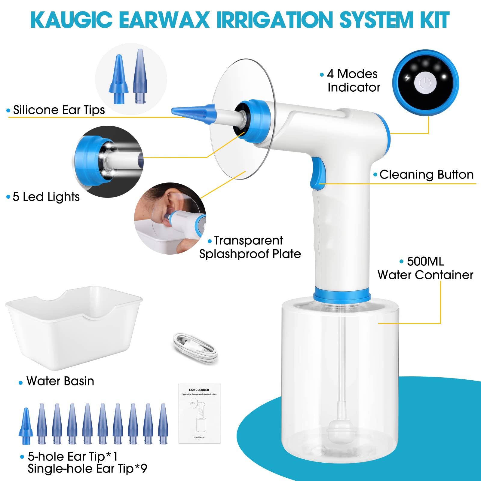 KAUGIC Kit de Electric Limpiador de Oídos Cera Adultos, Limpia Oidos Cera, Sistema de Riego Oídos para Eliminar Cera, Destapar Oido Cera Seguro y Fácil