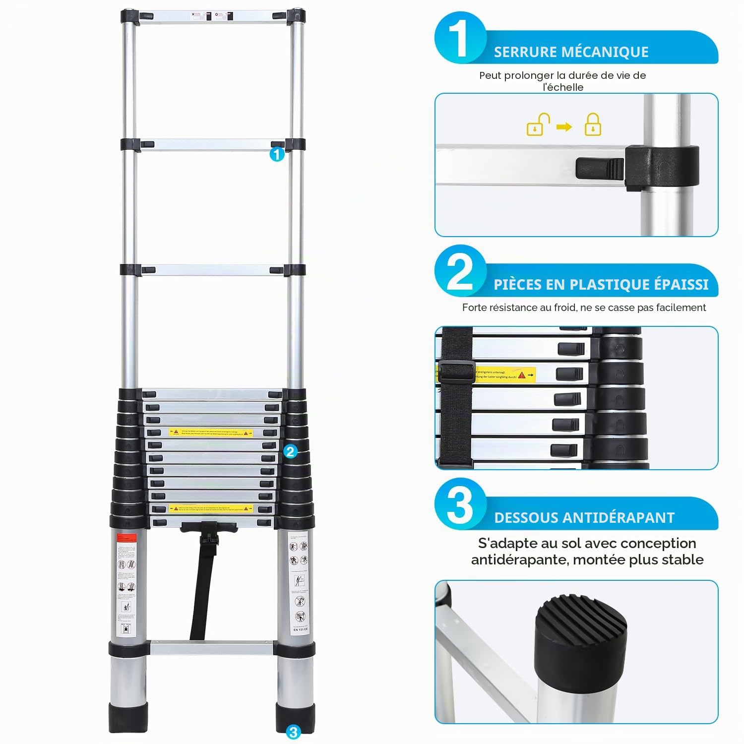 Échelle télescopique 4,4 m en Aluminium, Interrupteur de sécurité Multi-Niveaux, échelle Extensible Portable, antidérapant, échelle multifonctionnelle, Charge maximale : 150 kg