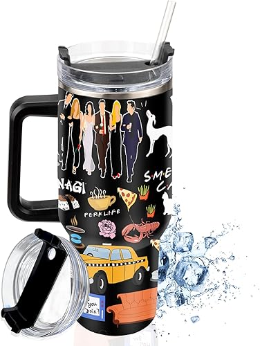 Vaso de 40 onzas con asa y tapa con pajilla, regalos divertidos para programas de televisión, taza de café con aislamiento, botella de agua de acero