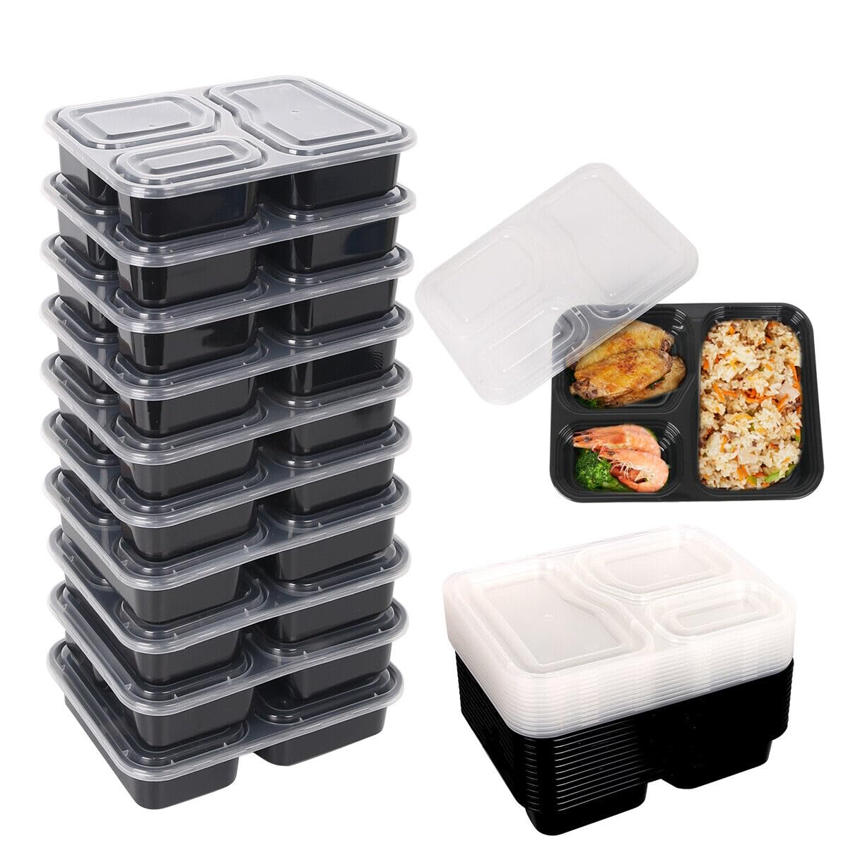 Kabalo 3 Compartment 10 Pack Meal Prep Container Meal Boxes Premium Stackable Microwave Re-Usable Freezer Food Lunchbox