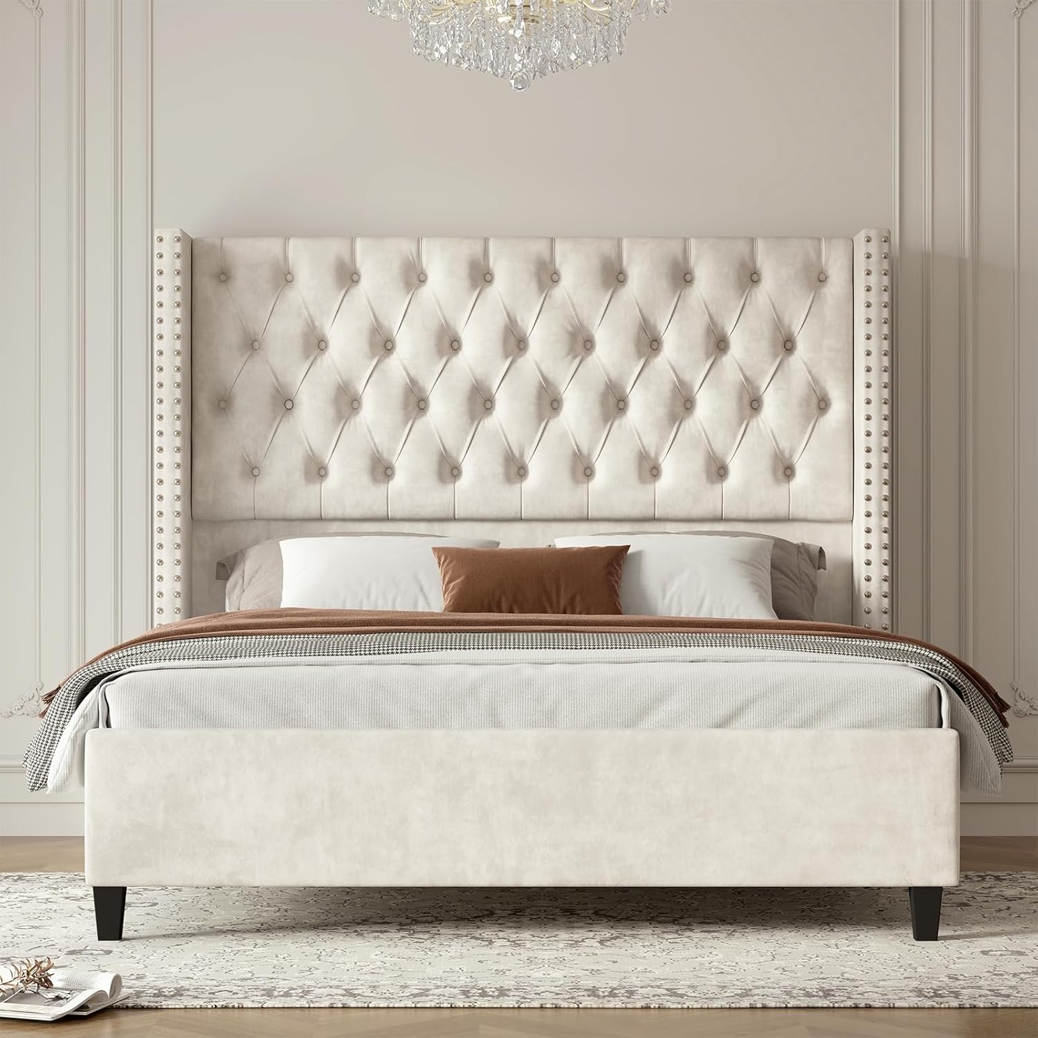 Jocisland Queen Size Bed Frame Velvet Upholstered Platform Bed with 51.6" Tall Wingback Headboard Deep Button Tufted, No Box Spring Needed, Cream