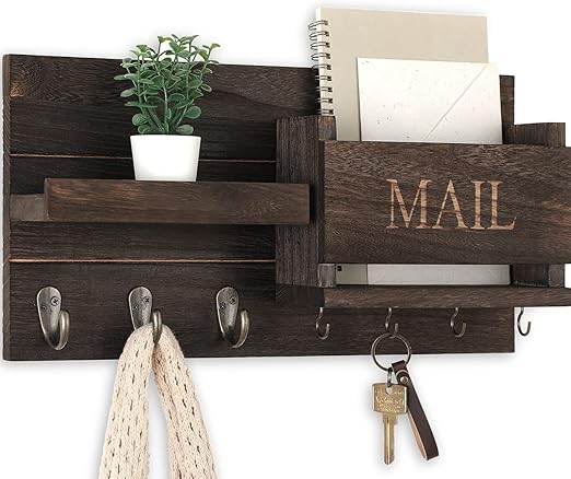 Mail Organizer for Wall Mount – Key Holder with Shelf Includes Letter Holder and Hooks for Hallway Farmhouse Decor – Rustic Wood with Flush Mounting Hardware (16.5” x 9.1” x 3.4”) (Brown)