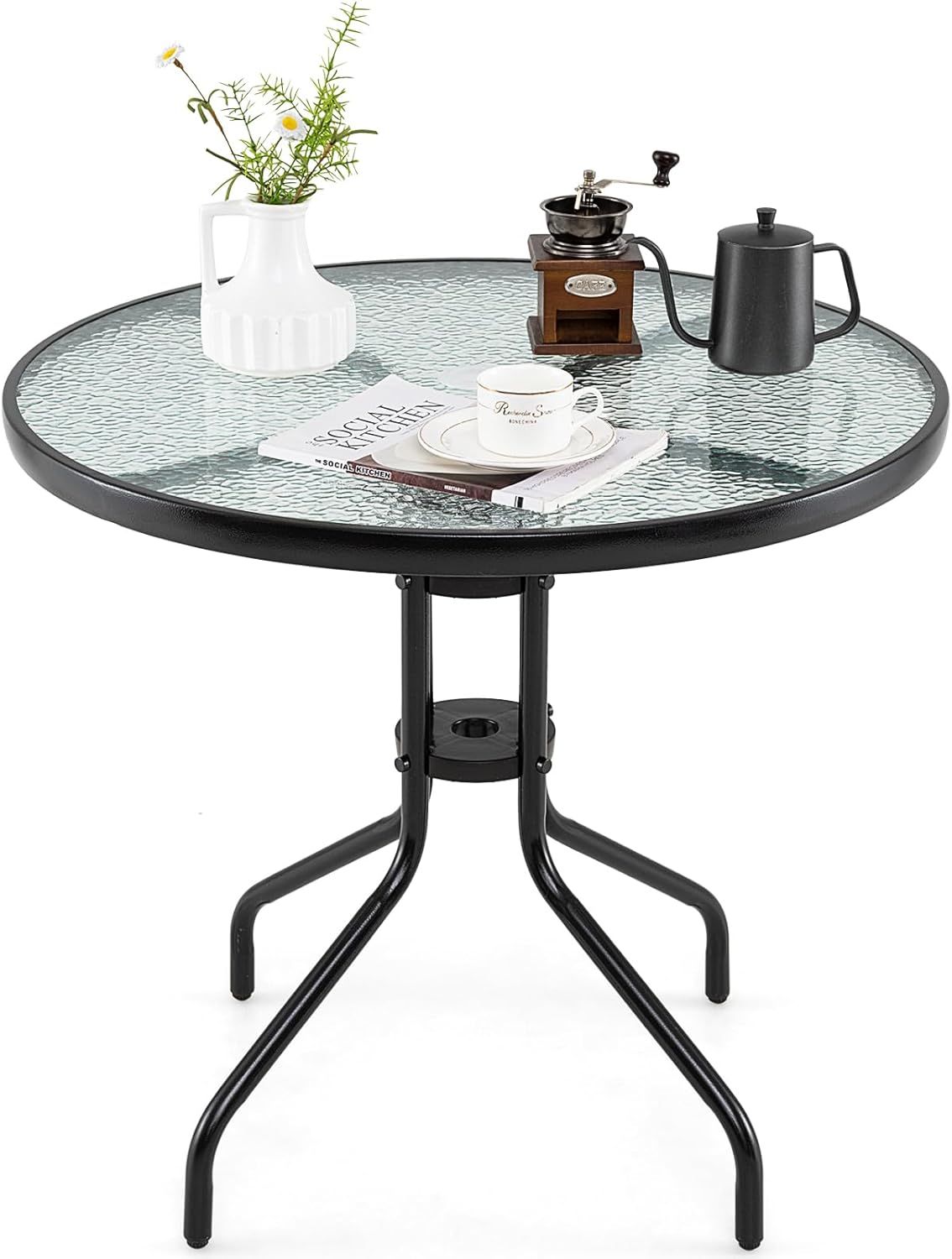 HAPPYGRILL Outdoor Bistro Table, 32" Patio Round Dining Table with Tempered Glass Tabletop & 2" Umbrella Hole, for Garden Backyard Poolside Porch