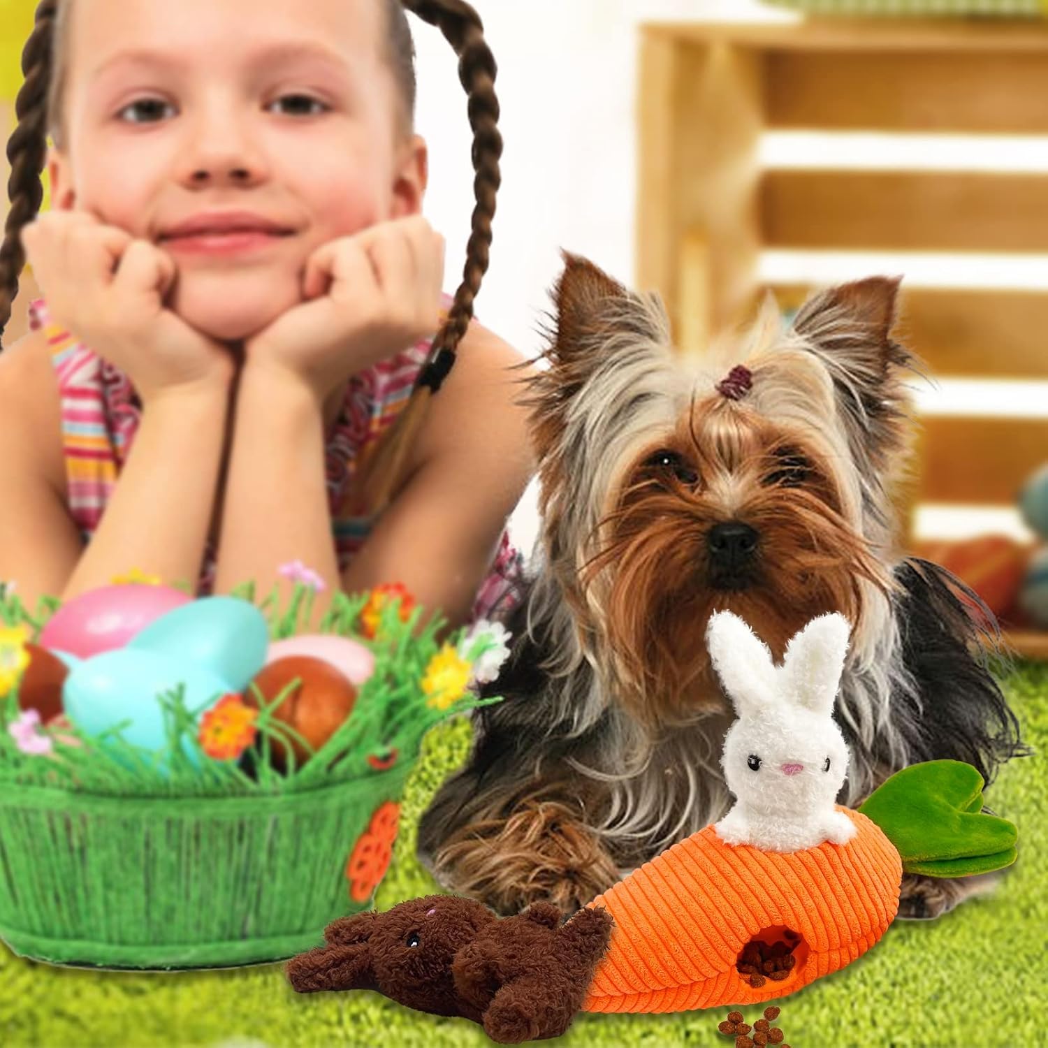 Oster-Hundespielzeug, Karotte verstecken und suchen Hundespielzeug mit 2 quietschenden Hasen, Plüsch-Hundespielzeug, Oster-Quietschgeschenke für kleine und mittelgroße Hunde