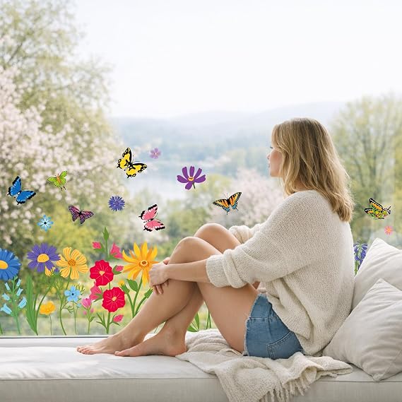 AOWDIAO 93 Pcs Spring Window Clings - Easy to Apply & Remove Vinly Flower Window Decals for Glass Windows, Office and Spring Home Decorators