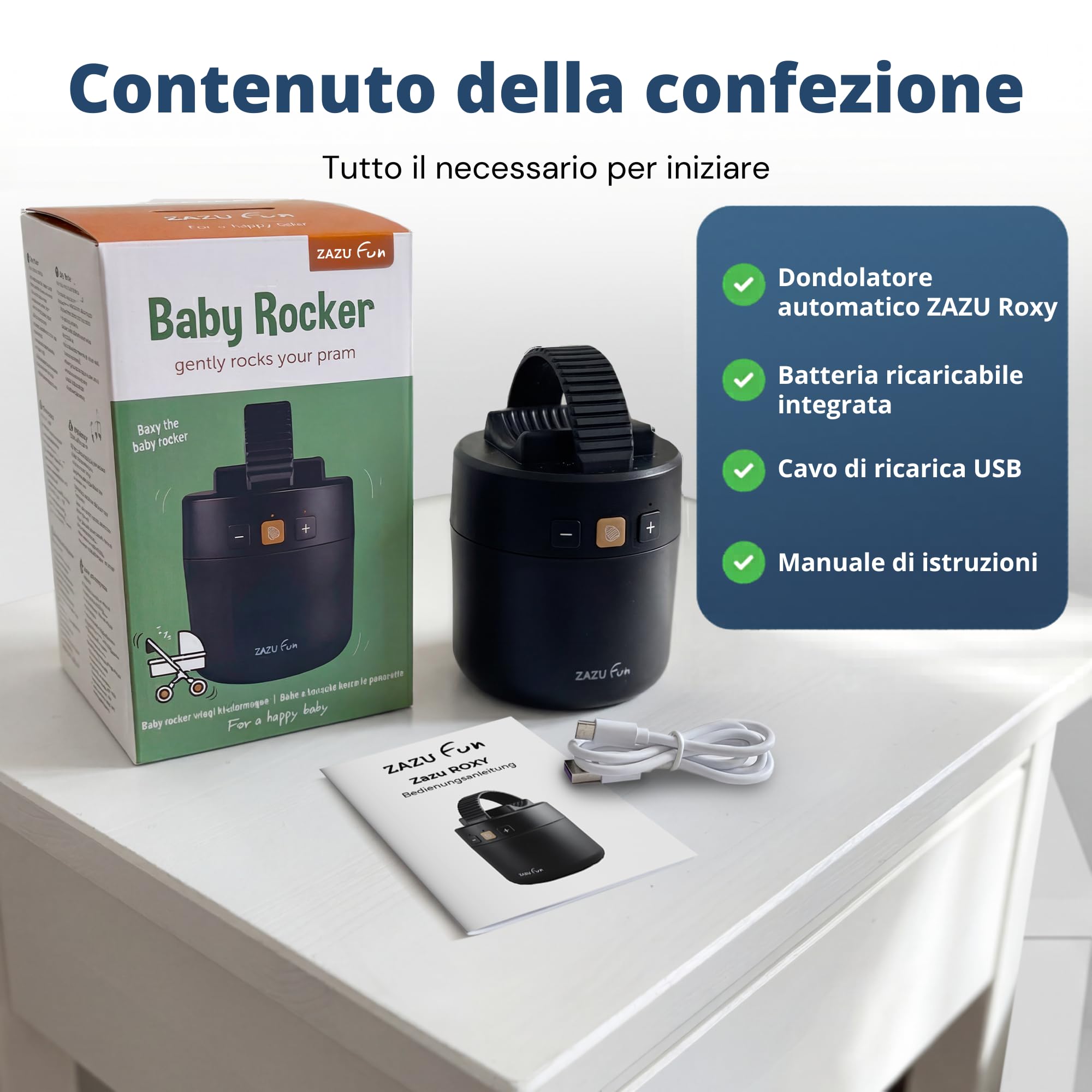 ZAZU ROXY Dondolo Elettrico per Passeggino – Movimento Automatico 40 Minuti, Sensore di Pianto, Intensità Regolabile, Portatile, Ricaricabile USB, Resistente agli Schizzi IPX1