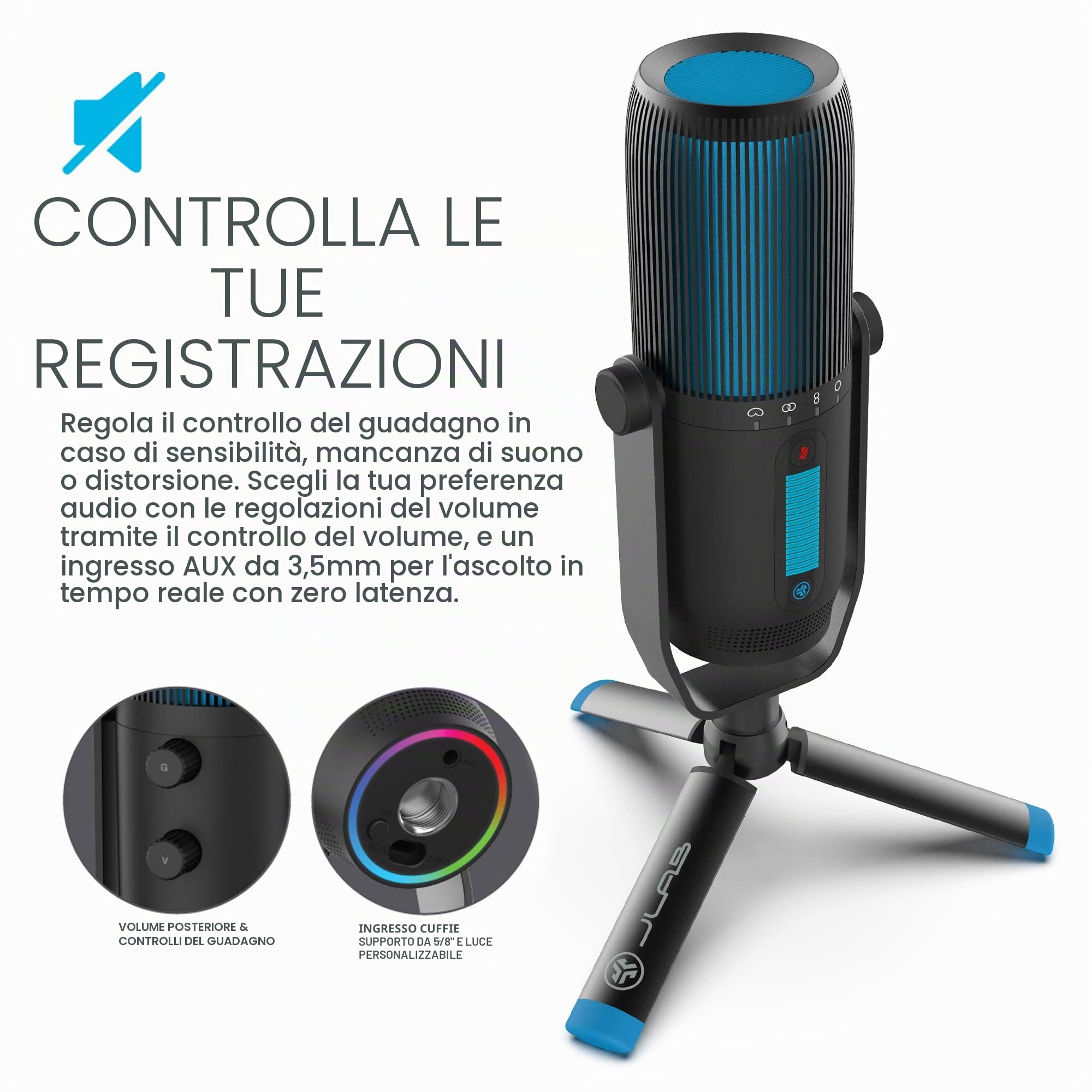 JLab Audio Talk PRO Microfono USB Plug and Play, Microfono per PC Portatile con Controllo Volume e Quick Mute - Microfono a Condensatore Professionale per Streaming, Podcasting e Gaming