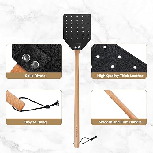 Miniatura 3 de BONUMVITA Fly Swatter Heavy Duty with Wooden Handle - (19.7") Fly Swatter with Hanging Rope Used Indoors Outdoor Leather Fly Swatter for Flies,