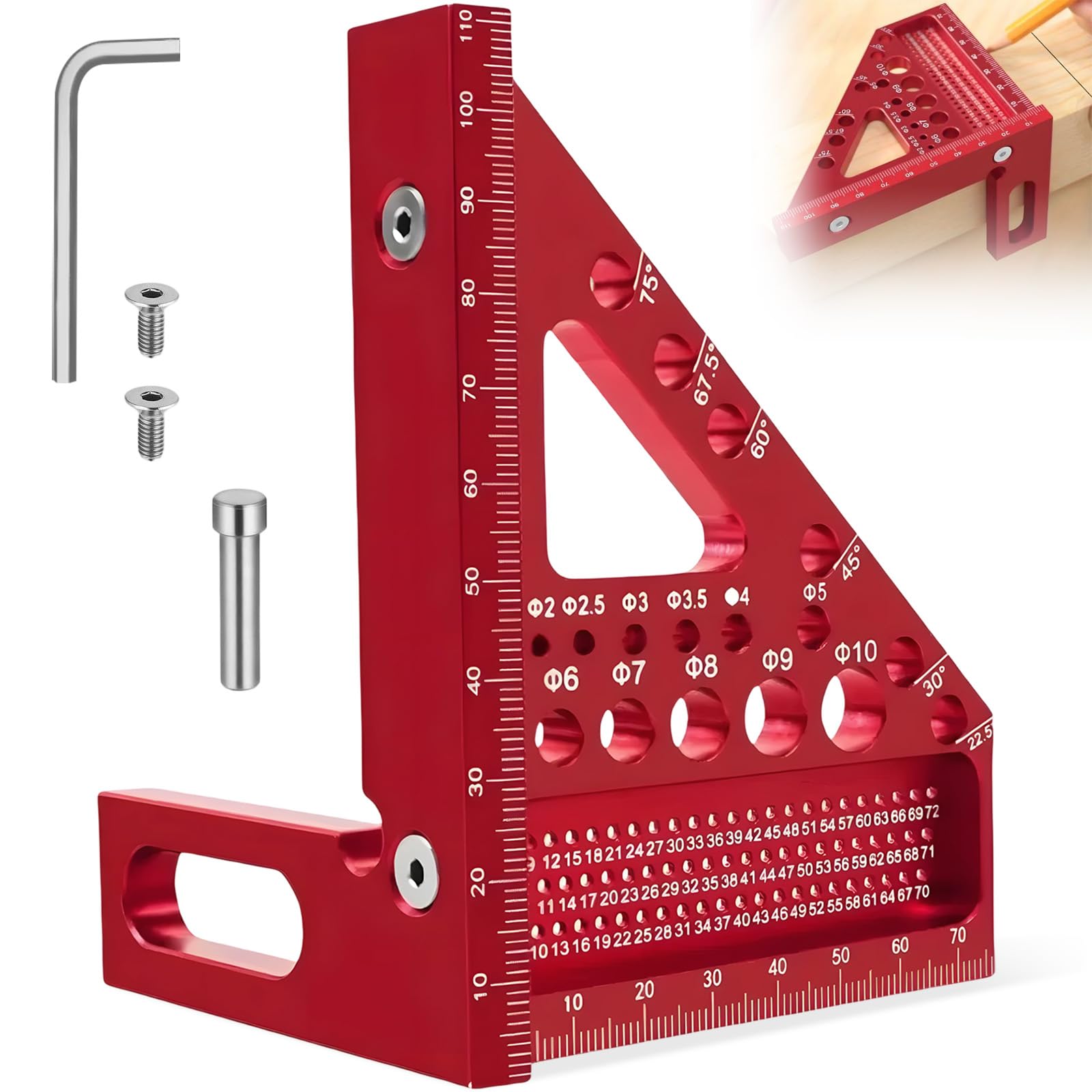 3D Multi-Angle Carpenter Square, 22.5-90° Protractor Angles Aluminum Alloy, Multi-functional Carpentry Angle Ruler, Precision Measurement Tool for Engineer (Red)