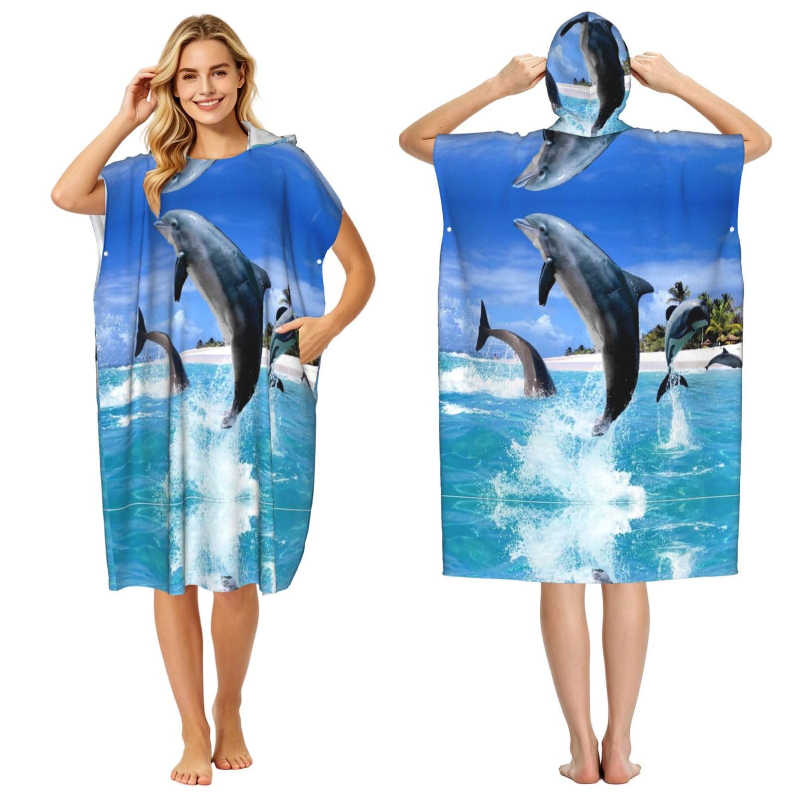 Peignoir à capuche imprimé animaux marins adulte pour plage