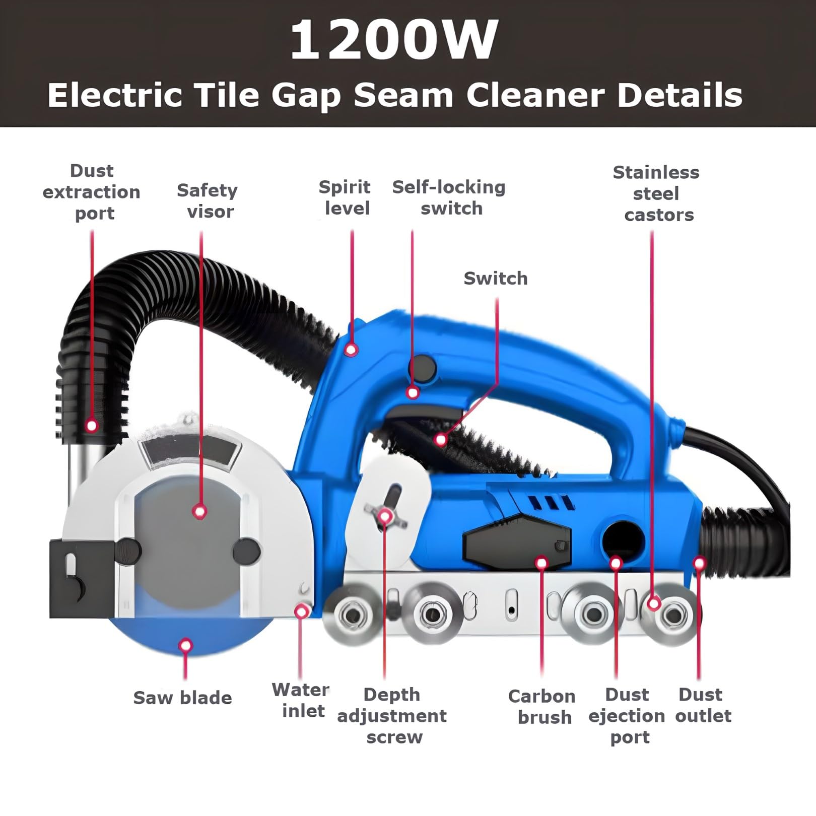 Máquina de Limpieza de Grietas en Baldosas Eléctrica Para el Hogar 1200W, Limpiador de Juntas de Baldosas Eléctrico 9000R/min con Juego de Herramientas Para la Limpieza de Grietas