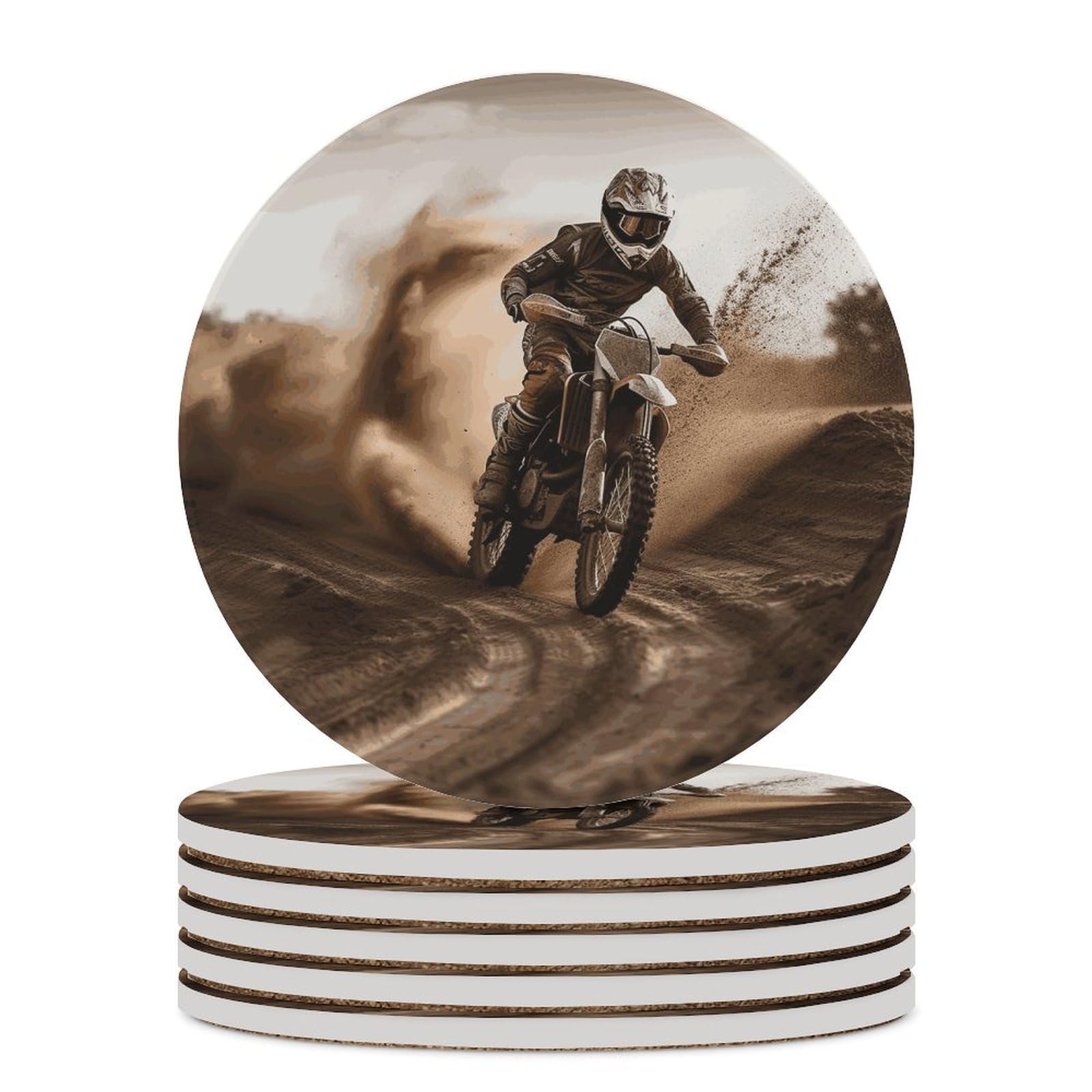 Motocross Coaster with Cork Base Drink Coasters for Coffee Table Decor Modern Cup Coasters with Non-Slip & Heat-Resistant Cute Ceramic Table Coaster for Home Dining