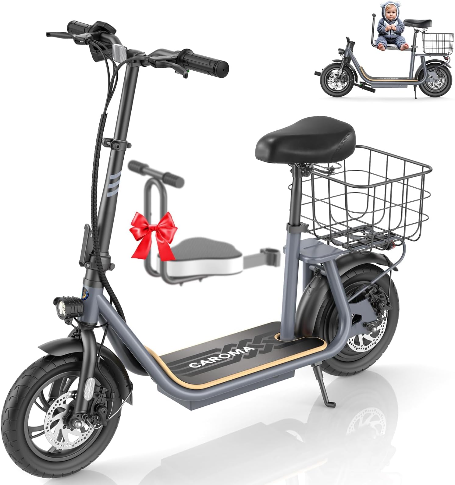 Caroma Peak 800W/1200W Electric Scooter with Seat 12" Tire, 30 Miles Range 20MPH Max Speed, Foldable Electric Scooter for Adults 300 LBS Max Load