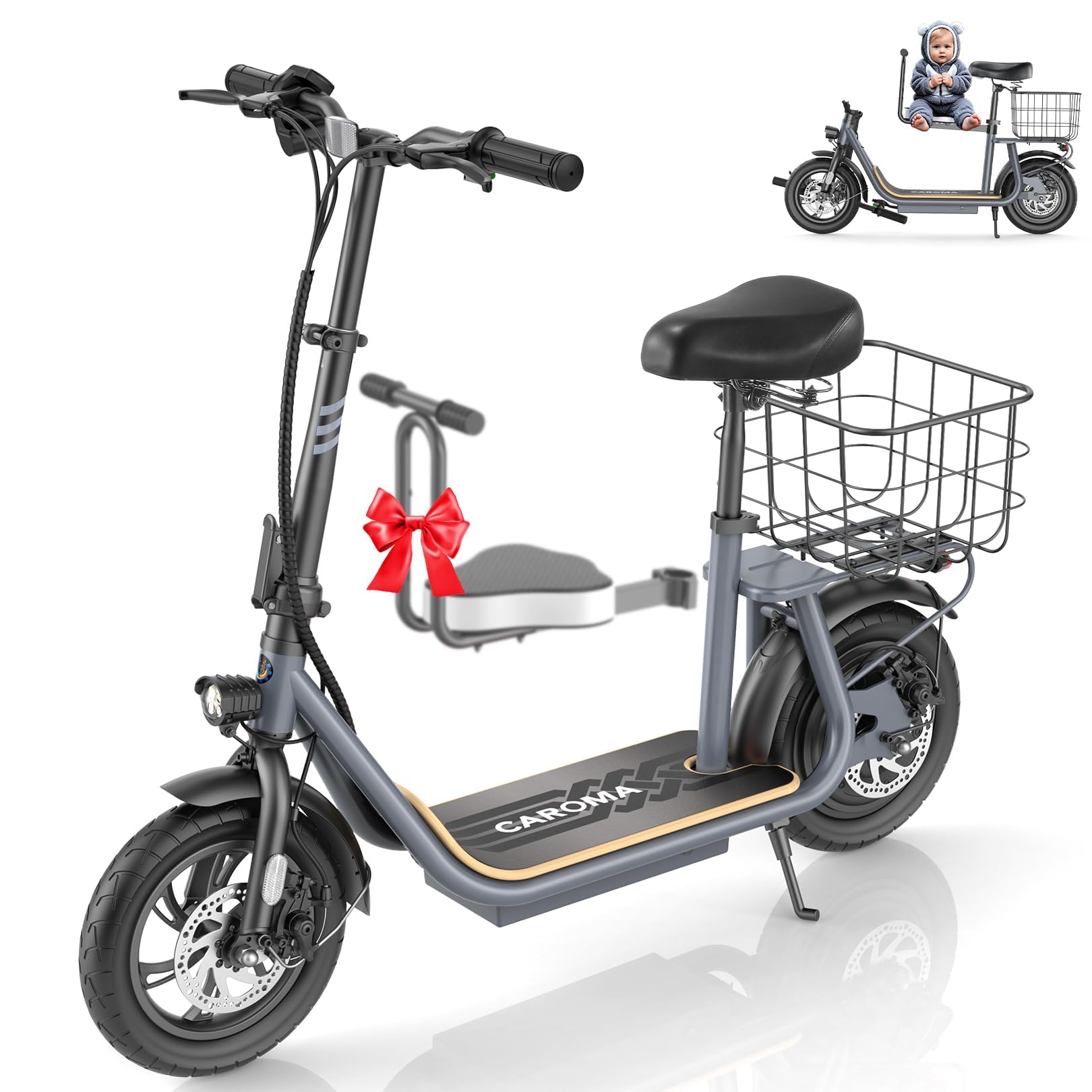 Caroma Electric Scooter with Seat, Max 30 Miles Range&20MPH Speed, Peak 800/1200W Motor, Foldable Electric Scooter for Adults and Teens, Commuter E Scooter with Basket&Adjustable Kid Seat