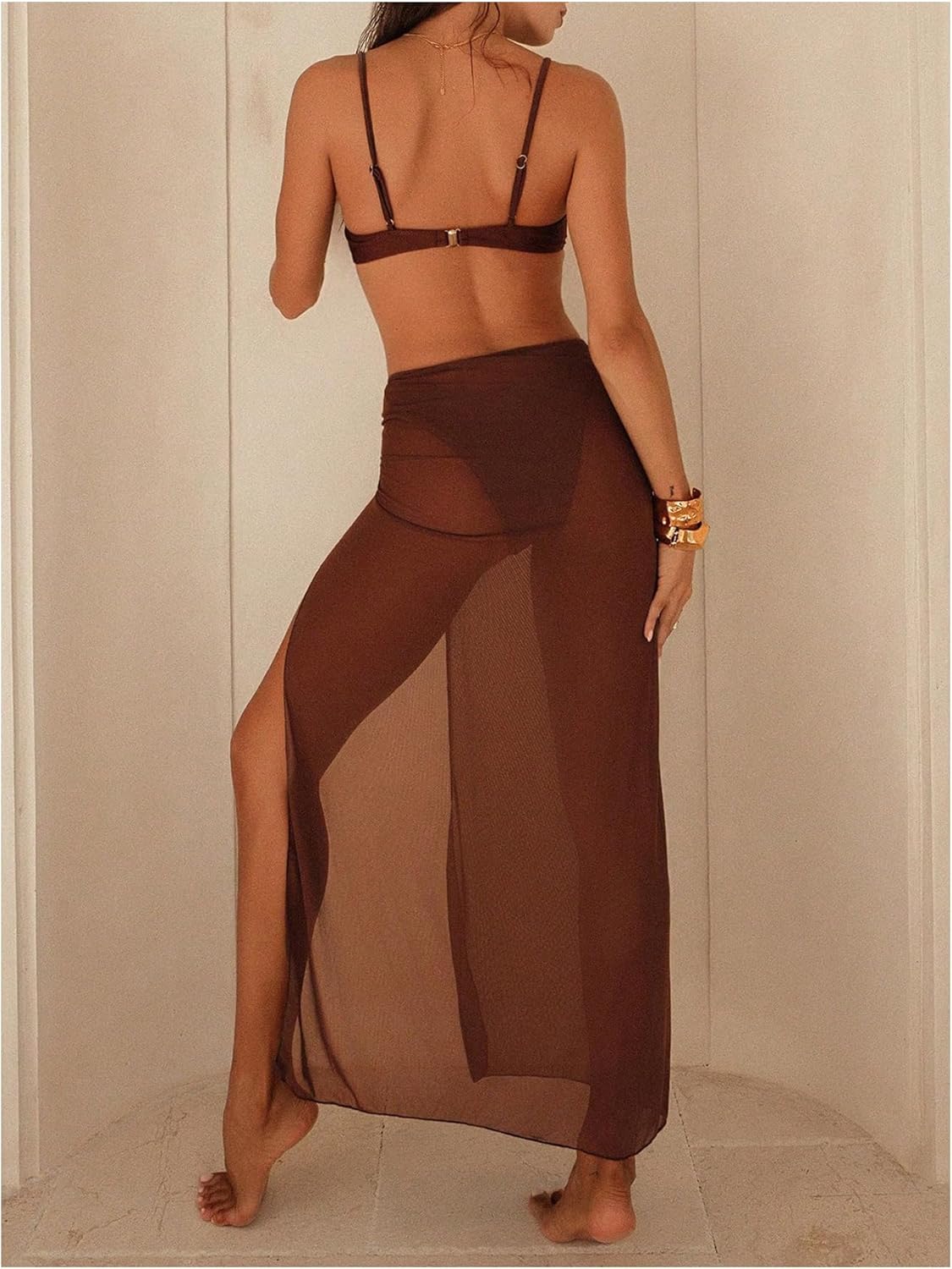 MakeMeChic Women's 3 Piece Summer Bathing Suit Ruched Backless Cheeky Beach Bikini Set with Cover Up Skirt