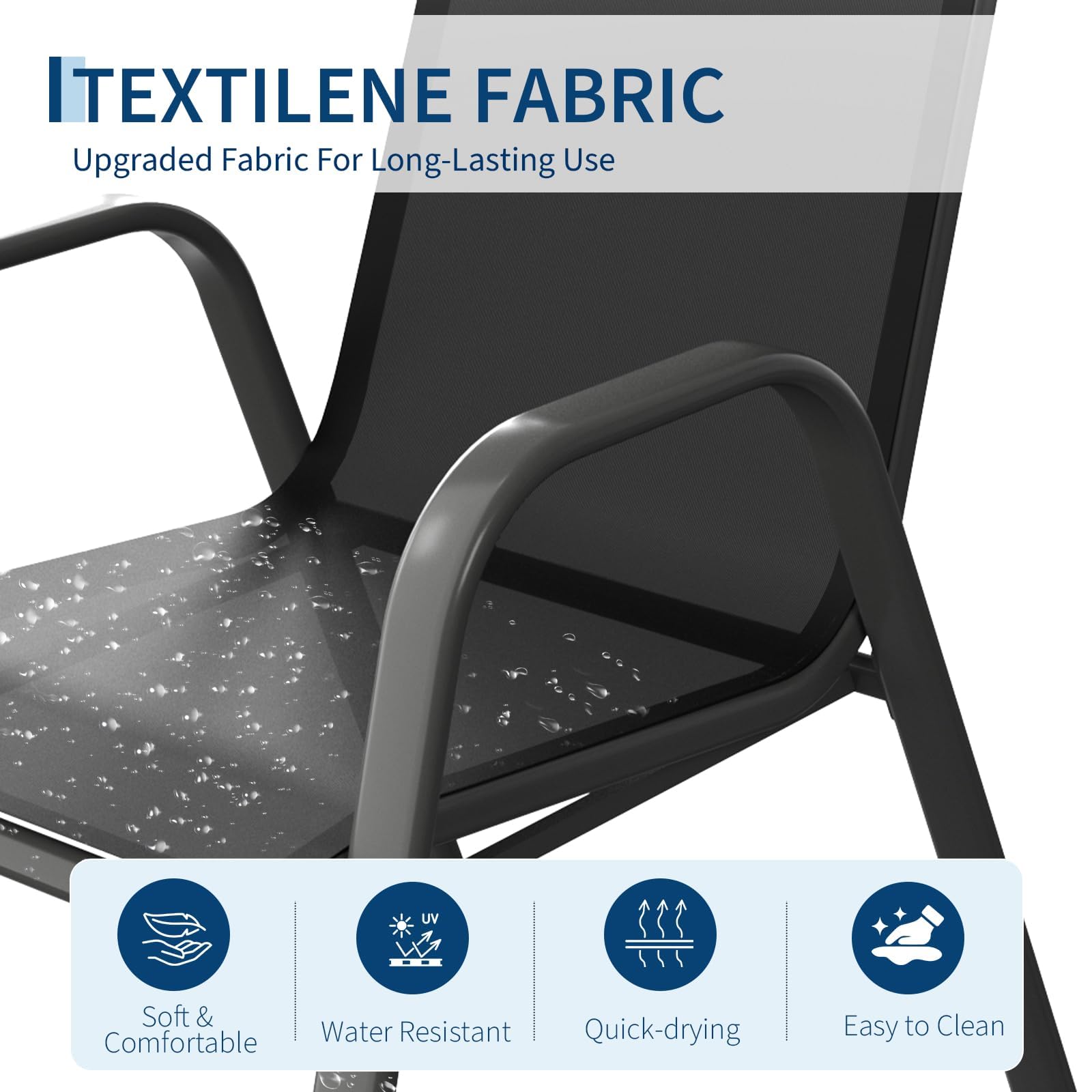 Litake Conjunto Sillas Jardin Exterior, 4 Sillas De Comedor para Exterior Metálicas, Soporte hasta 150 kg, Pintura Anticorrosiva, Tela Doble, Transpirables, Apilables, Estilo Clásico Sencillo,Negro