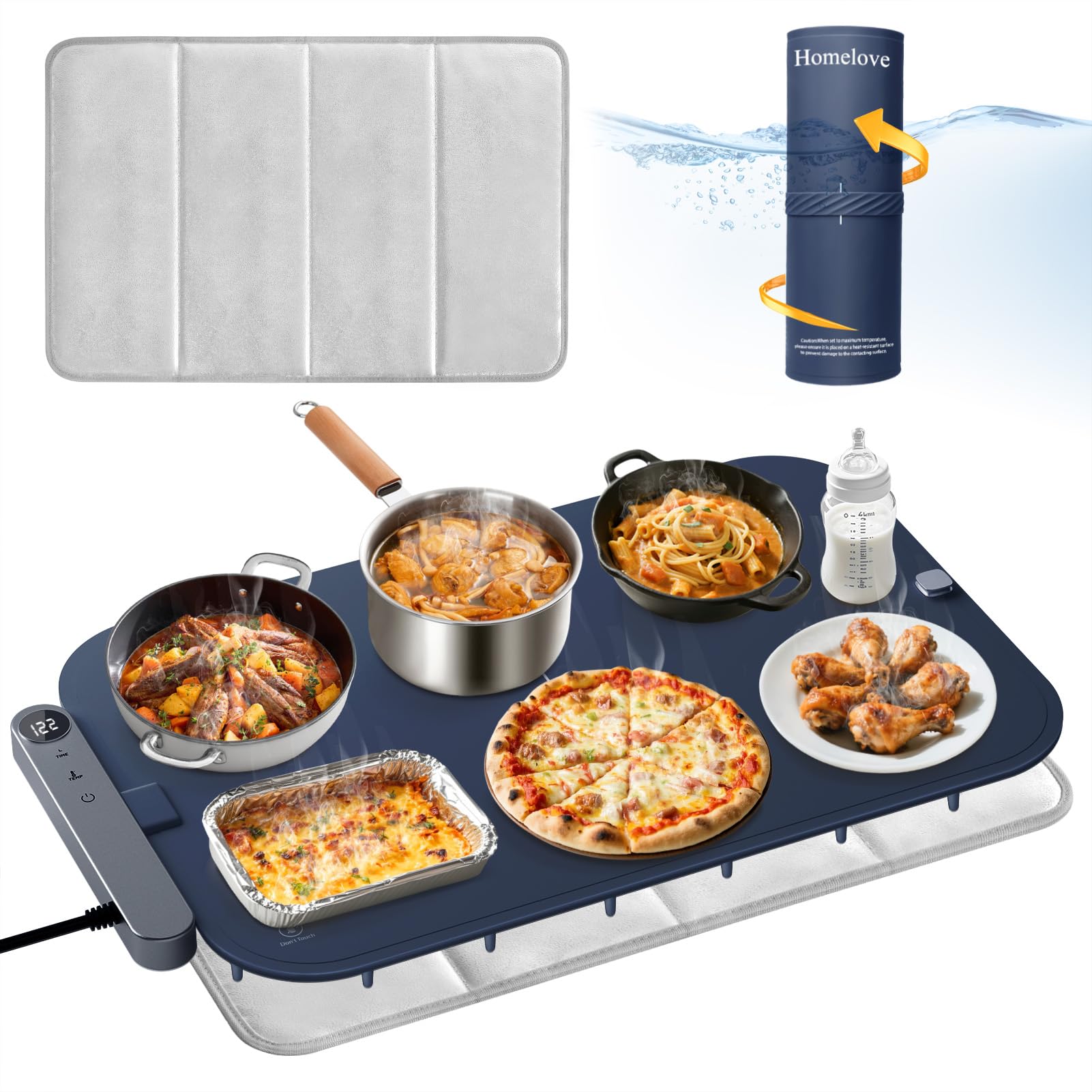 Homelove Warming Mat for Food - Electric Warming Tray with 7-Level Temp Settings &amp; 6 Hours Timer, Full Surface Graphene Heating, Waterproof Dishwasher-Friendly Food Warmer for Parties, Kitchen (Navy)