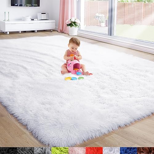 Alfombra esponjosa, peluda, lanuda y suave para decoración de dormitorio, sala de estar, habitación de los niños, el bebé o juegos, color blanco, de