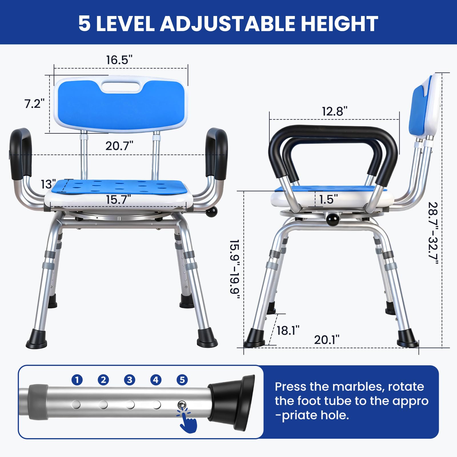 Silla de ducha giratoria de lujo con brazos y respaldo de 360°, asiento de bloqueo de 360°, altura ajustable de 5 niveles, silla de baño acolchada de alta resistencia, 300 libras, para personas