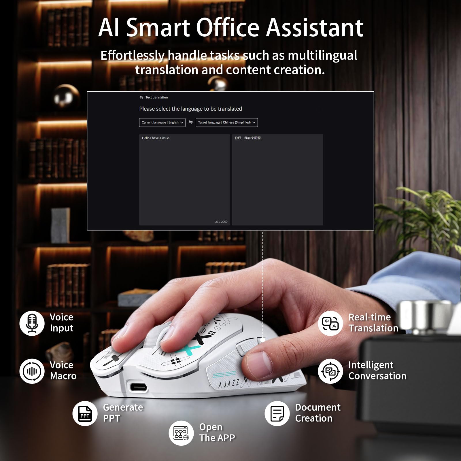 A.JAZZ AJ200P Ratón Gaming Inalámbrico con IA Prompt y Base de Carga RGB | BT/2,4G/Cable, Ligero Ratón con Entrada de Voz IA, Sensor PAW3311, 24K DPI, 1000Hz para Oficina/Juego - Cinta Grip / Blanco