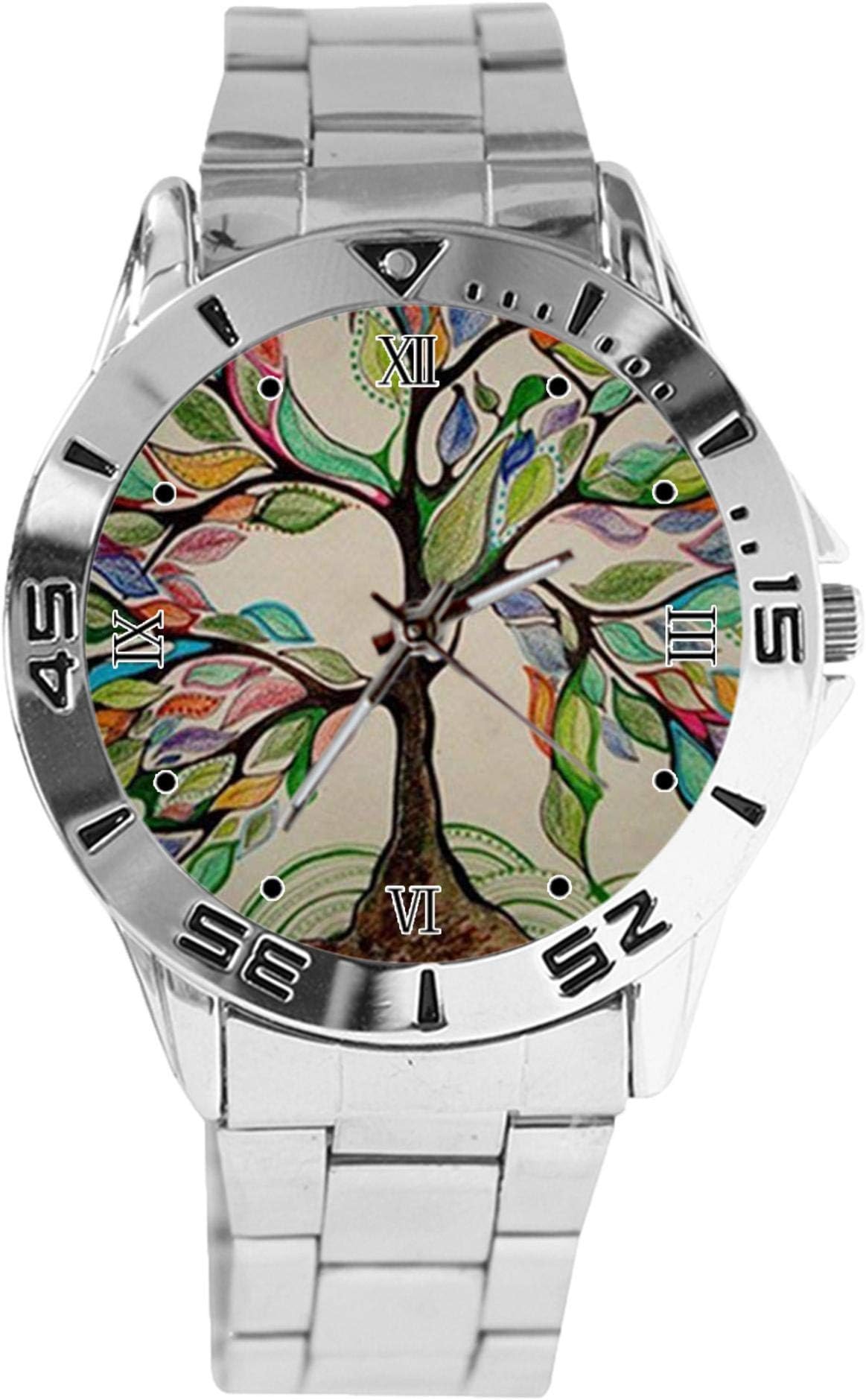 Colorful Tree of Life Design Analog Wrist Watch Quartz Silver Dial Classic Stainless Steel Band Women's Men's Watch