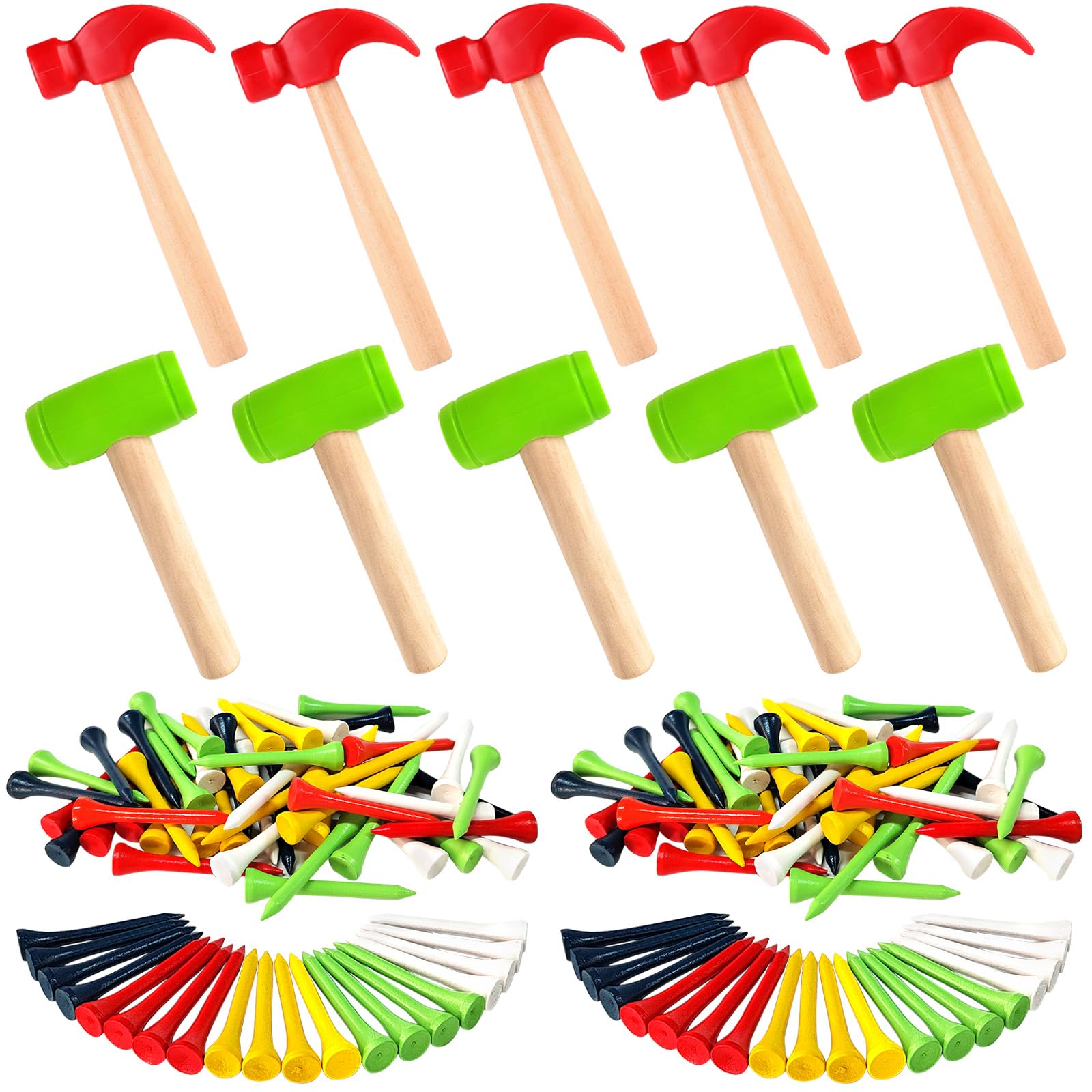 AIHSUMC 10 Pcs Kids Wooden Hammer Toy with 100 Pcs Colorful Wood Golf Tees, Small Plastic Hammer Simulation Hammers Educational Toys for Children Gift