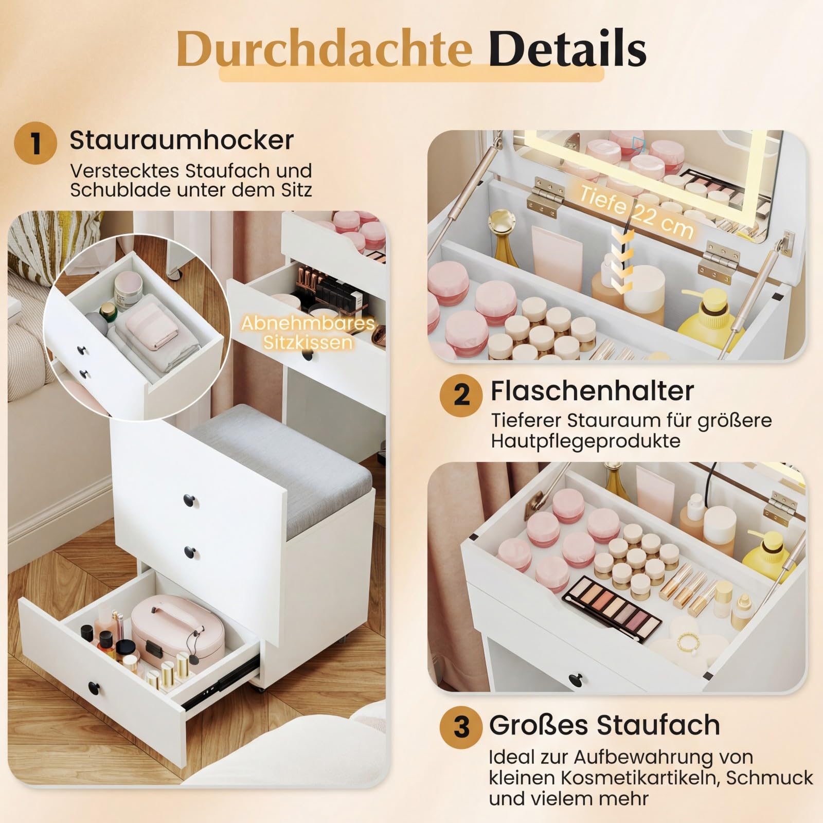 COSTWAY 3 in 1 kleines Schminktisch Set auf Rollen, Kosmetiktisch mit Klappspiegel, Beleuchtung, Schubladen & gepolstertem Hocker, kompakte Schminkkommode Set für kleine Räume, Weiß