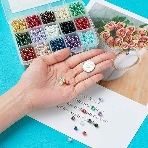 Miniatura 4 de Pandahall 1050 cuentas de perlas de cristal de 0.236in con brillo de satén, redondas, sueltas con caja de plástico para joyería para hacer joyas (15