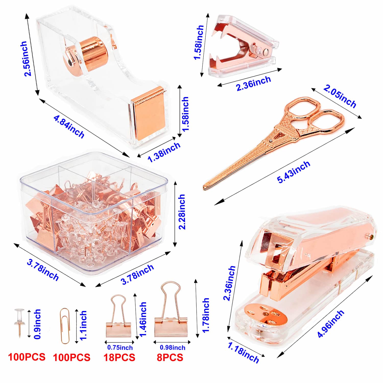 Juego de suministros de oficina de oro rosa, el paquete contiene grapadora, dispensador de cinta, removedor de grapas, tijeras, clips de carpeta, clips de papel, chinchetas y 1000 grapas. Kits