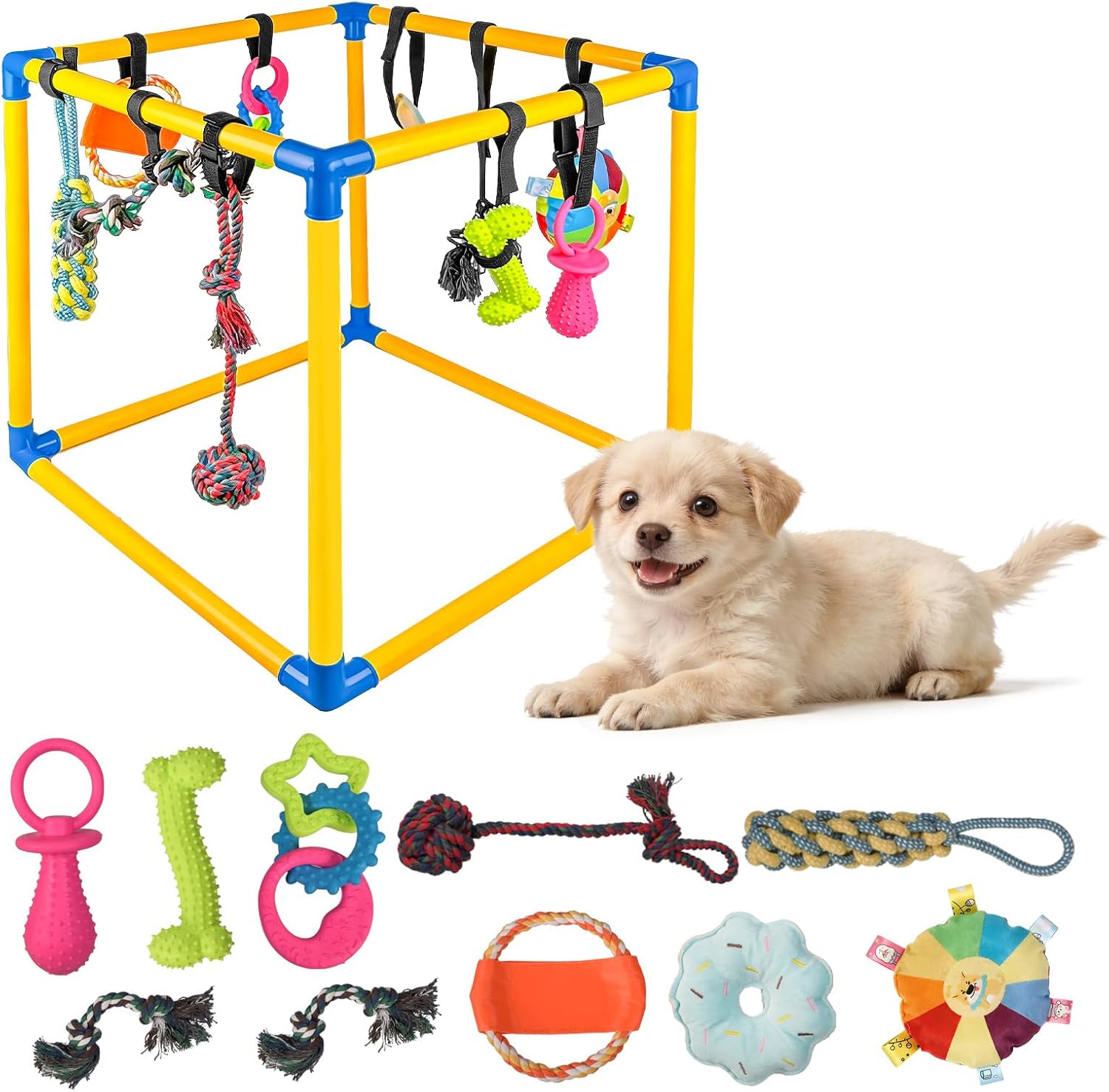 Puppy Play Gym with 10 Hanging Toys, 19.5" PVC Removable Dog Enrichment Playground, Interactive Indoor Training Activity Center for Small Dogs & Puppies with Rubber/Teething/Rope/Squeaky Toys