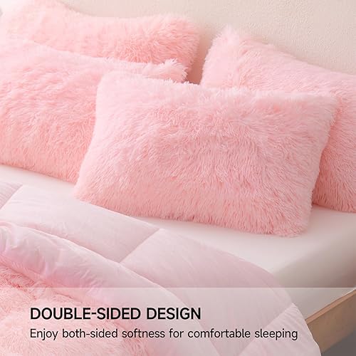 Miniatura 6 de Juego de edredón de felpa suave color rosa, juego de 3 piezas de pelo sintético esponjoso con relleno de fibra elástica (1 edredón + 2 fundas de