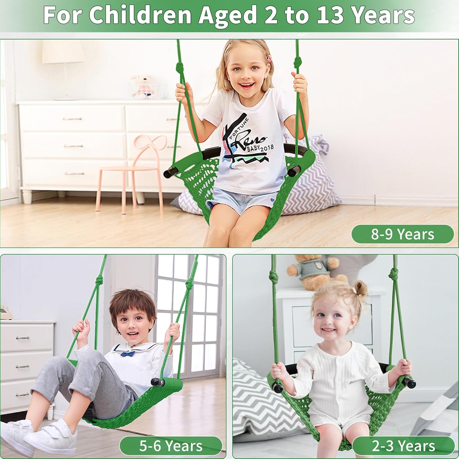 Hi-Na Tree Swing for Kids, Adjustable Toddler Rope Swing Seat with Snap Hooks and Straps, 440 lbs Capacity, Swingset Accessories for Indoor Porch Doorway Outdoor Playground Backyard (Green)