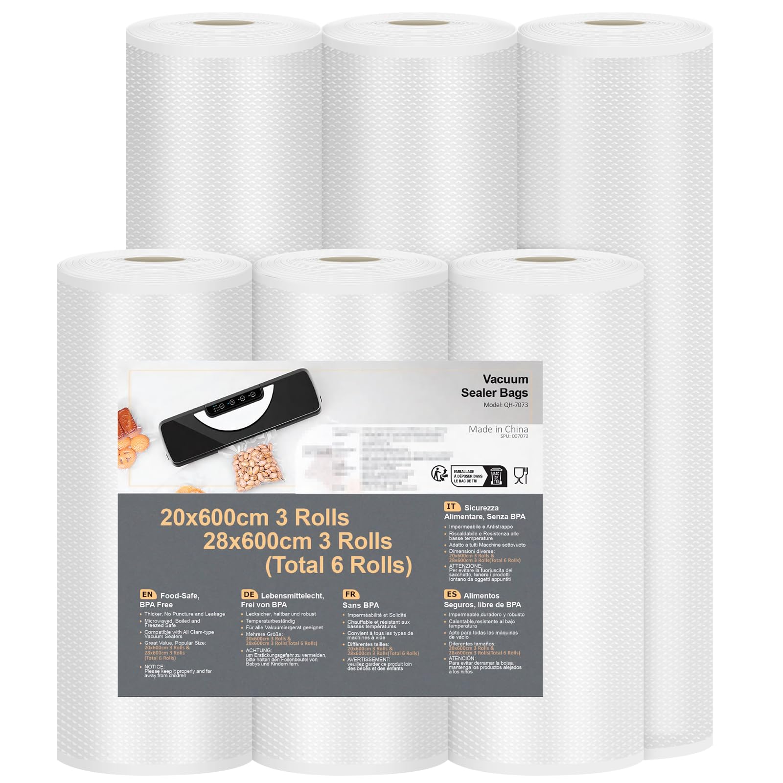 Sacchetti Sottovuoto Alimenti 6 Rotoli 20/28x600cm, Goffrato Sacchetti Sottovuoto per Macchina Sottovuoto e Cottura Sous Vide, Senza BPA