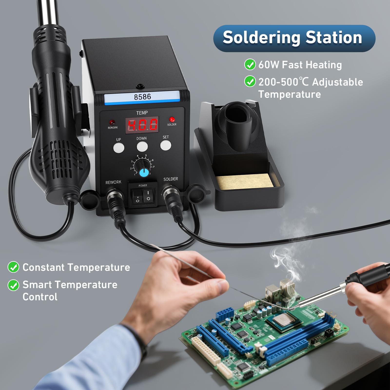 Estacion de Soldadura, 2 EN 1 Soldador Aire Caliente y Soldador Estaño con Control de Temperatura Preciso, Pantalla LED, Estacion Soldadura para Electrónicos, Proyectos de bricolaje, Reparación