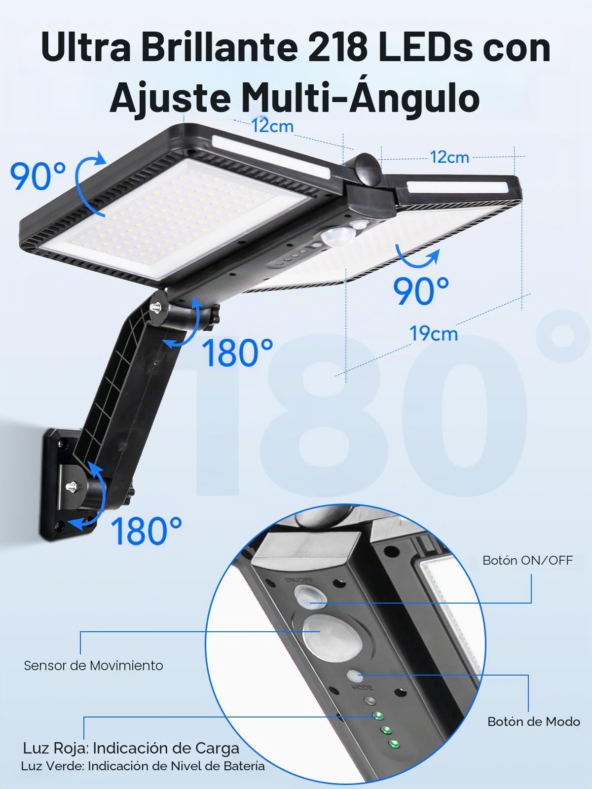 Moman Farolas Solares Exteriores, 2 Piezas Luz Solar Exterior con Sensor de Movimiento 218 LED Foco Solar con Control Remoto Impermeable IP65 para Garaje Jardín Patio, Farola-Solar-Exterior-Foco-Luz