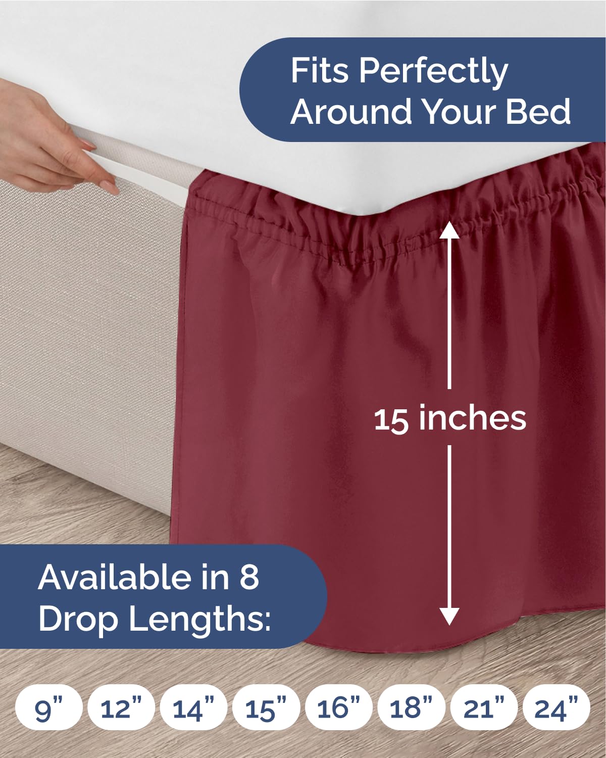 CGK Unlimited Volant de lit plissé en tissu brossé, infroissable, lavable en machine, pour grand lit, hauteur de 38,1 cm, sangle élastique facile à installer, bordeaux