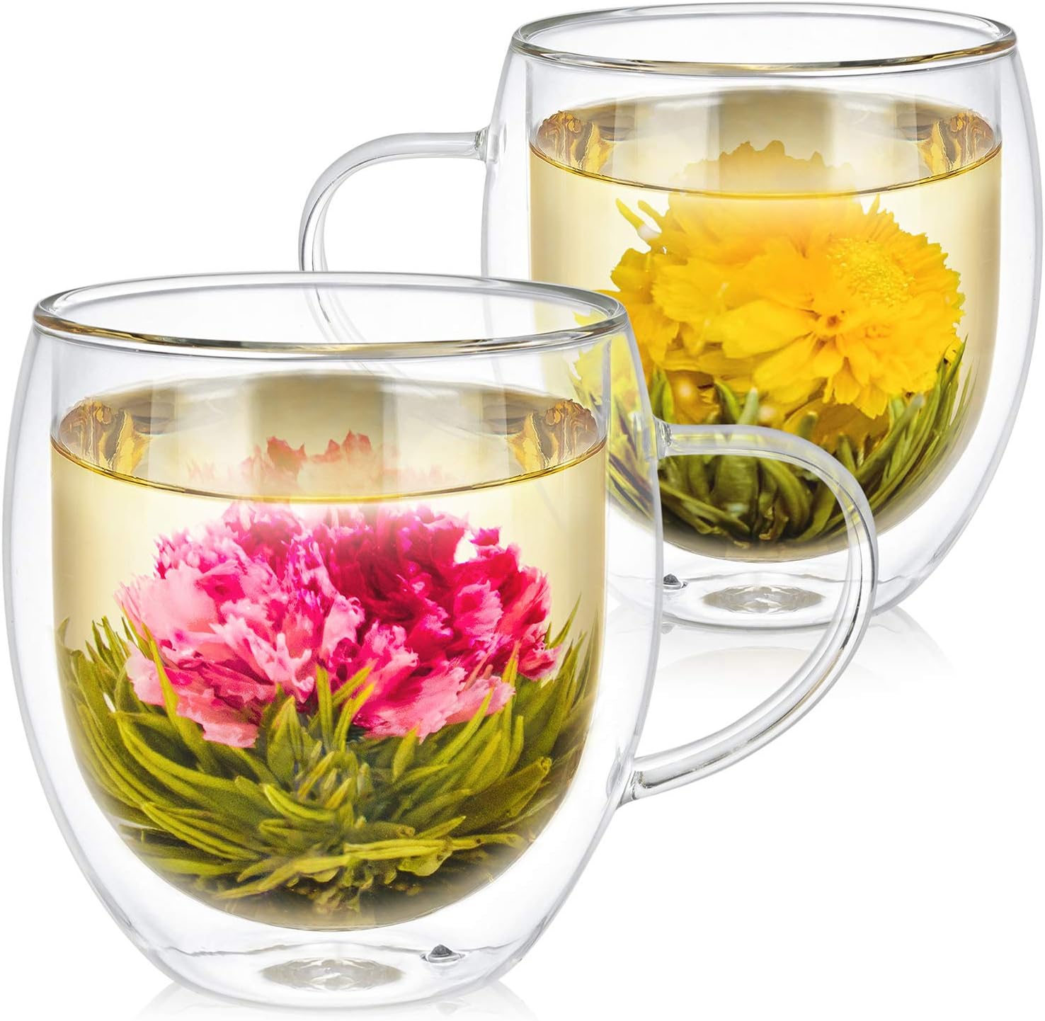 Oversized Insulated Borosilicate Glass Mugs (17 oz / 500 ml) – Set Includes 2 Mugs + 2 Blooming Teas – Premium Quality Microwave Safe Glasses
